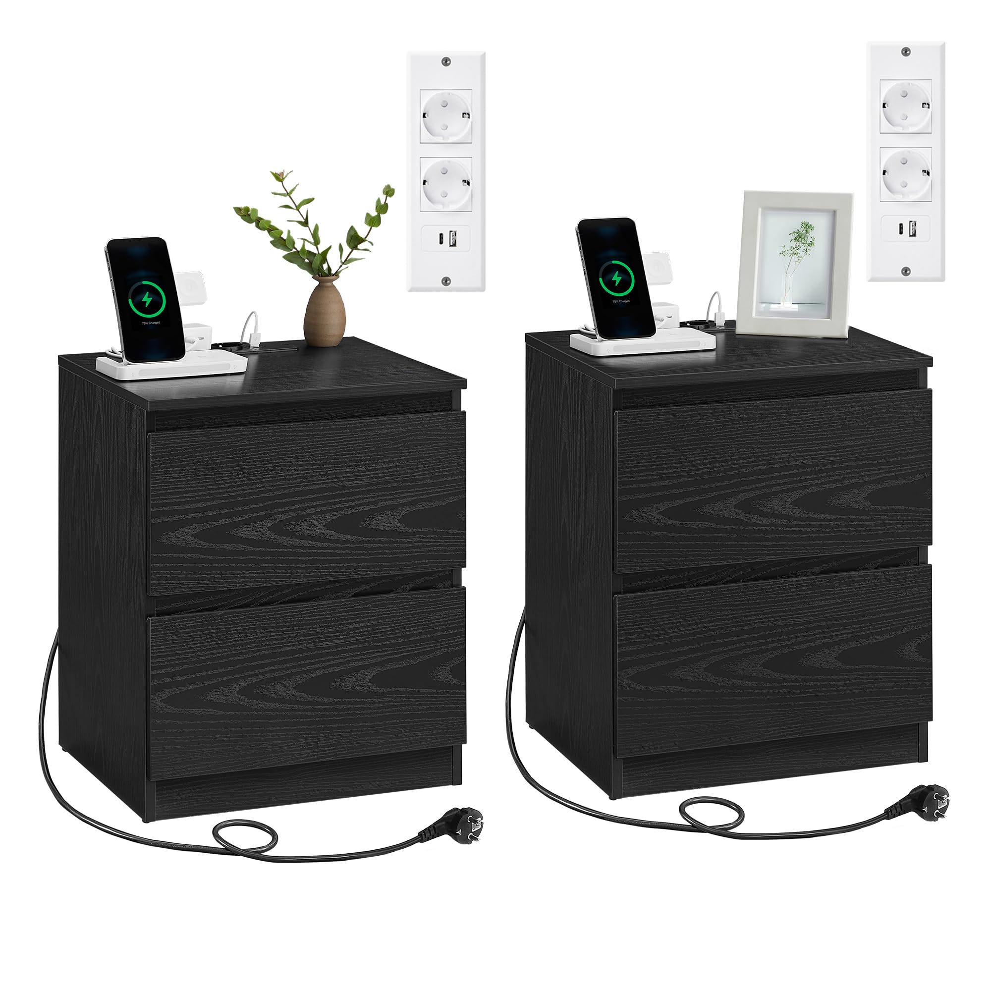 VASAGLE KAILYN Colección - Juego de 2, Mesita de Noche con Regleta de Enchufes, Mesa Auxiliar, 2 Cajones, 2 Tomas AC, 2 Puertos USB-A, Salón, Dormitorio, Negro Ébano LET821B02