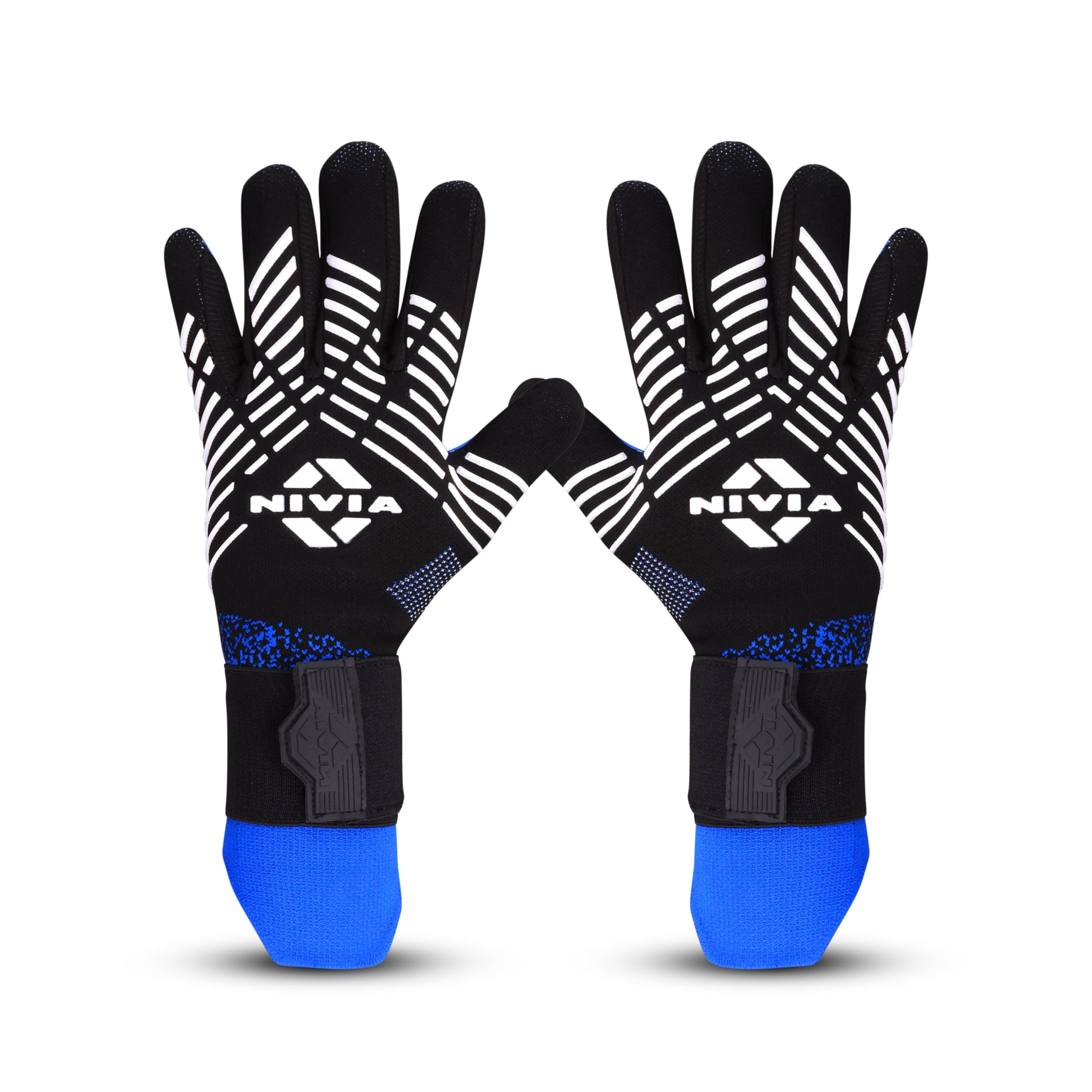 Nivia Shastra Goalkeeper Gloves for Men & Women, Latex Palm, Debossed Palm Lines, Knitted Backhand with Silicon Casting (Black, Blue), Large