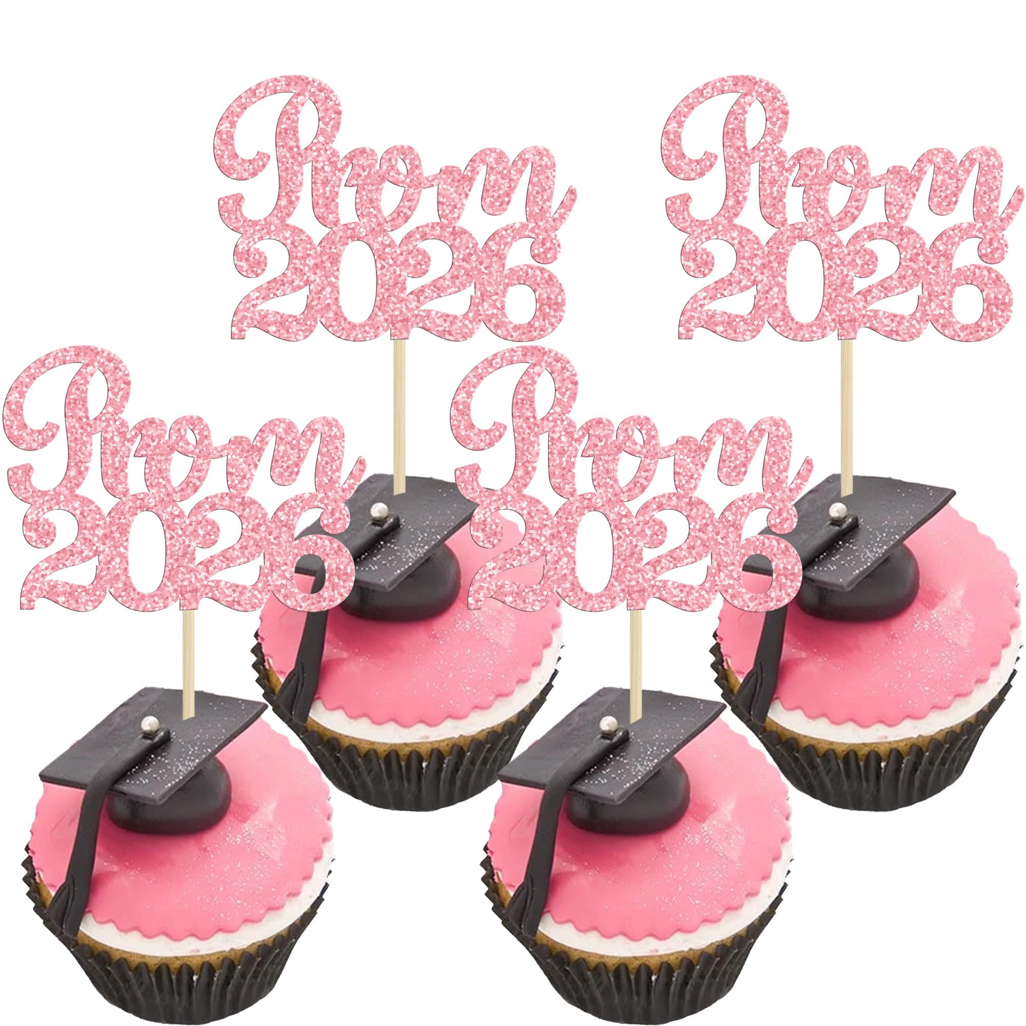 Ephlyn 30Pcs Prom 2026 Cupcake Toppers Glitter Prom Night Party 2026 Graduation Cupcake Picks Class of 2026 Cake Decorations for 2026 Graduation Cake Decorations Supplies Pink 1