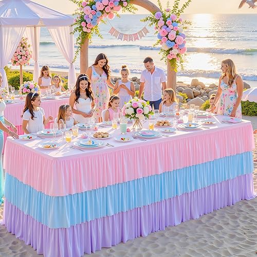 Pink Blue Purple Tutu Tablecloth for 6 Foot Rectangle Tables Pastel Rainbow Table Skirt 6ft Ruffle Table Cloth Cover Fabric Cake Tablecloths for Birthday Party Decorations Baby Shower Decor