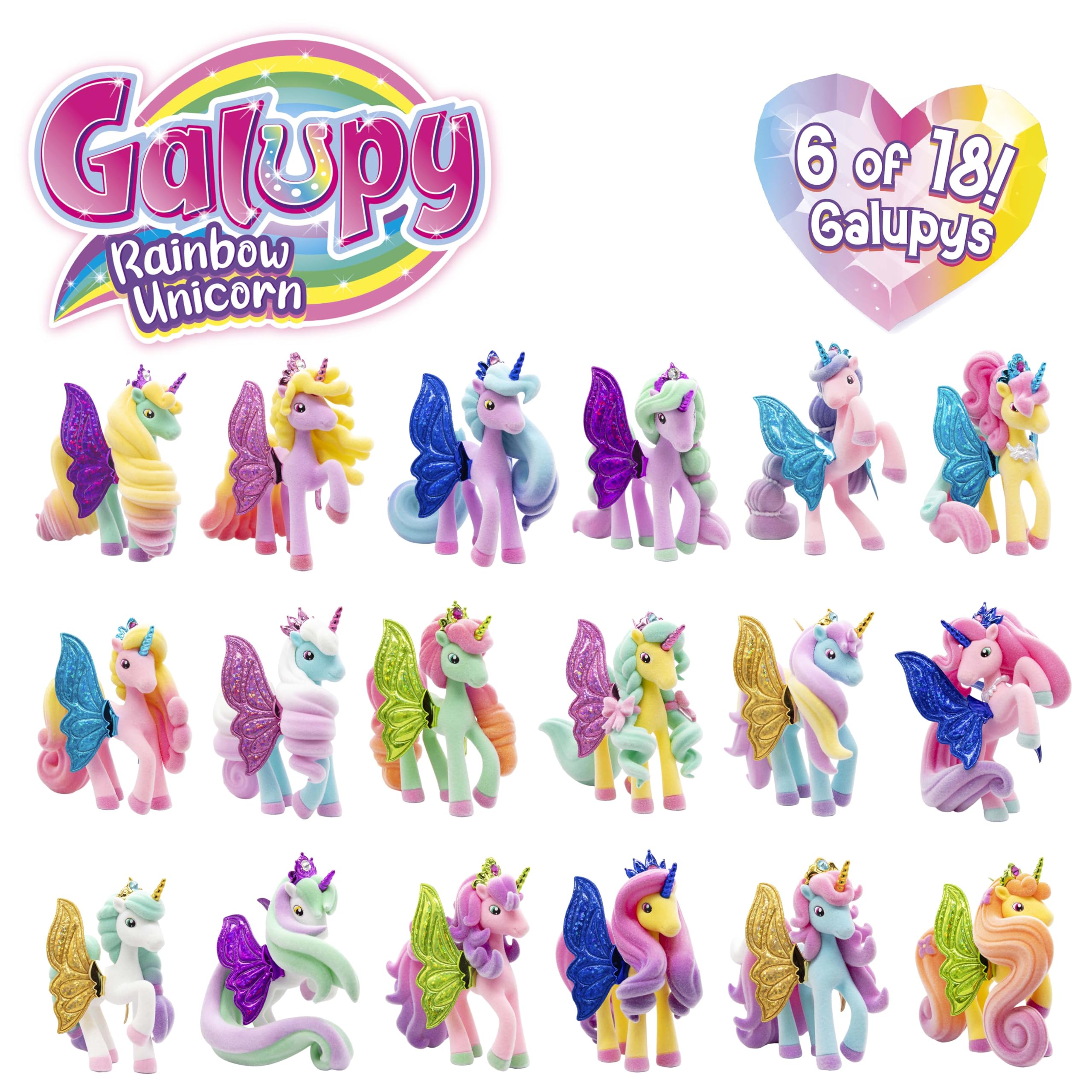 Galupy Rainbow Unicorn 6-pack - Unicorno di peluche da collezione, statuette di unicorno con ali glitterate e cristalli Swarovski