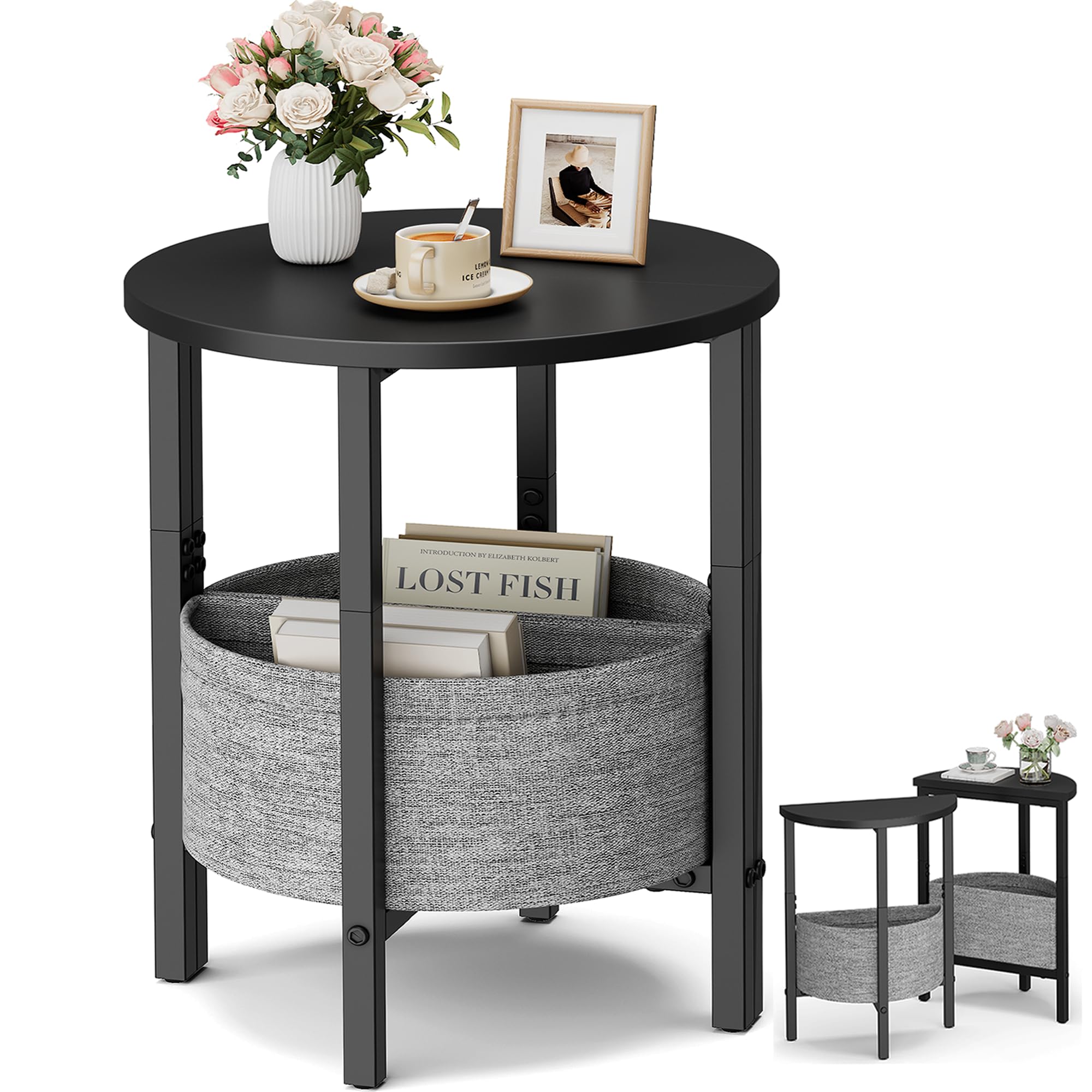 Vagusicc Small Round Side Table End Table, Tall Accent Table with Storage Basket, Set of 2 Half Round Tables Half Moon Tables, Coffee Bedside Tables,
