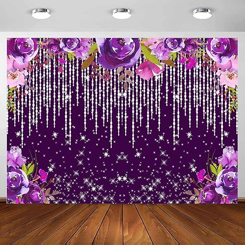 Telón de fondo morado con purpurina de 7 x 5 pies, telón de fondo de acuarela con diamantes plateados brillantes, decoración de fiesta de té Bokeh