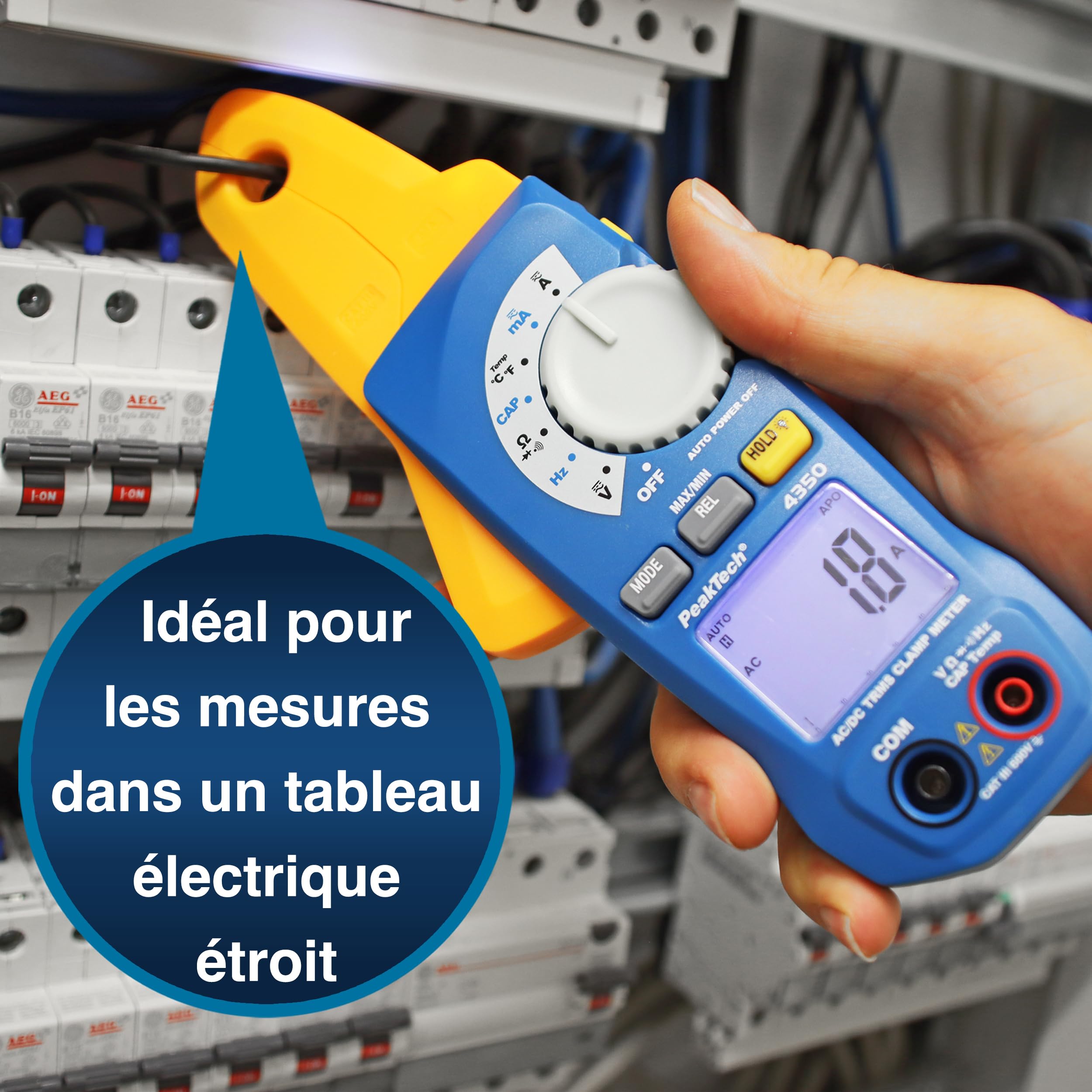PeakTech 4350 - Pince Ampèremétrique True RMS 80A AC/DC, Multimètre Numérique, Pince de courant, Autorange, 4000 counts, Voltmètre Sans Contact, Ampèremètre, Testeur de Continuité - Max 600V