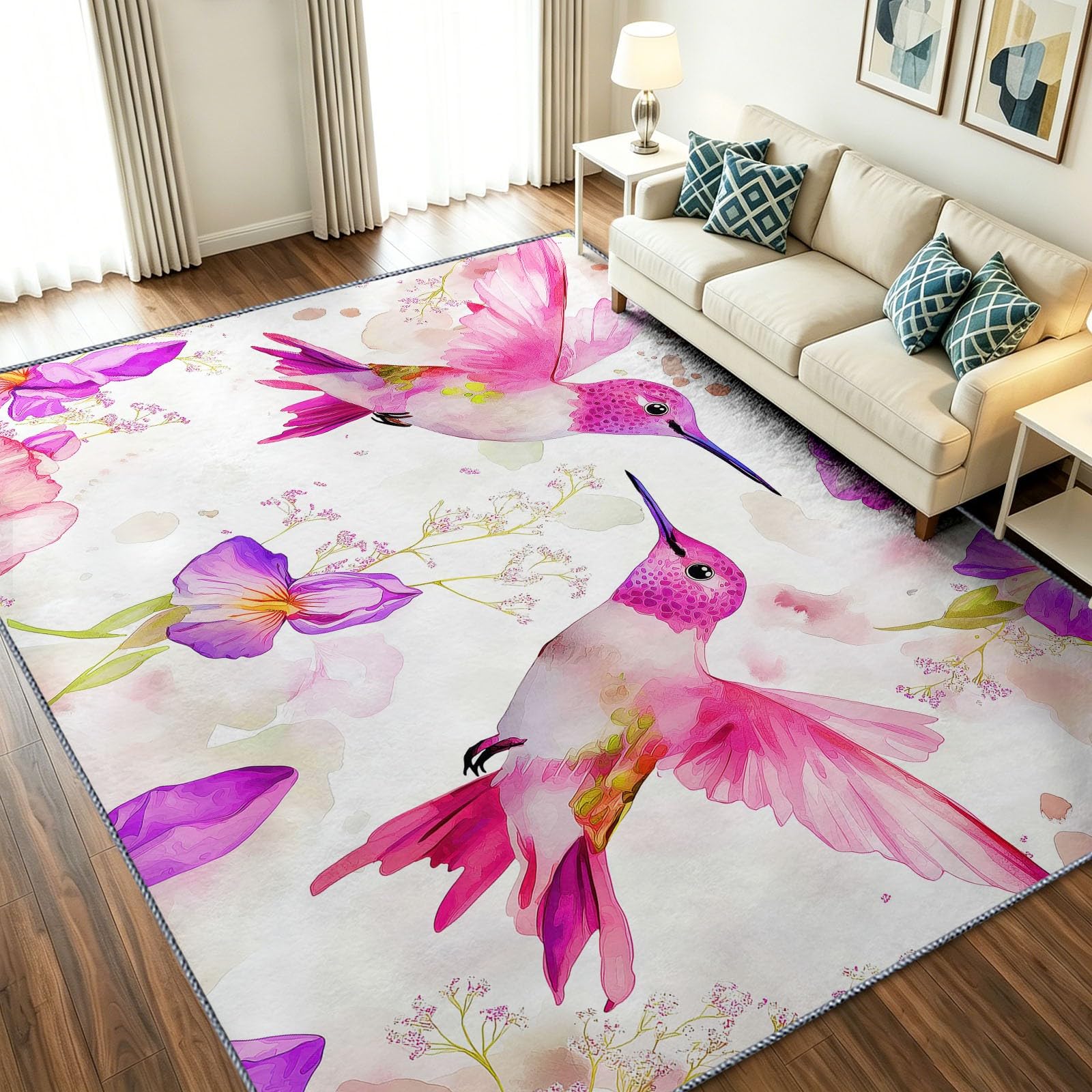 Alfombra para dormitorio y salón blanca con estampado de colibrí