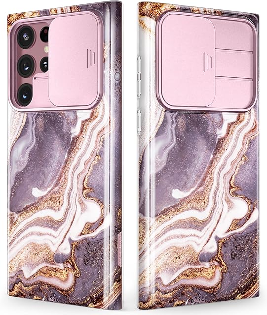 GVIEWIN Designed for Samsung S22 Ultra Case Galaxy with Slide Camera Cover, [Military Grade Drop Protection] Marble Slim Fit Shockproof Protective Phone Case for S22 Ultra 5G 6.8" 2022, Burgundy/Gold