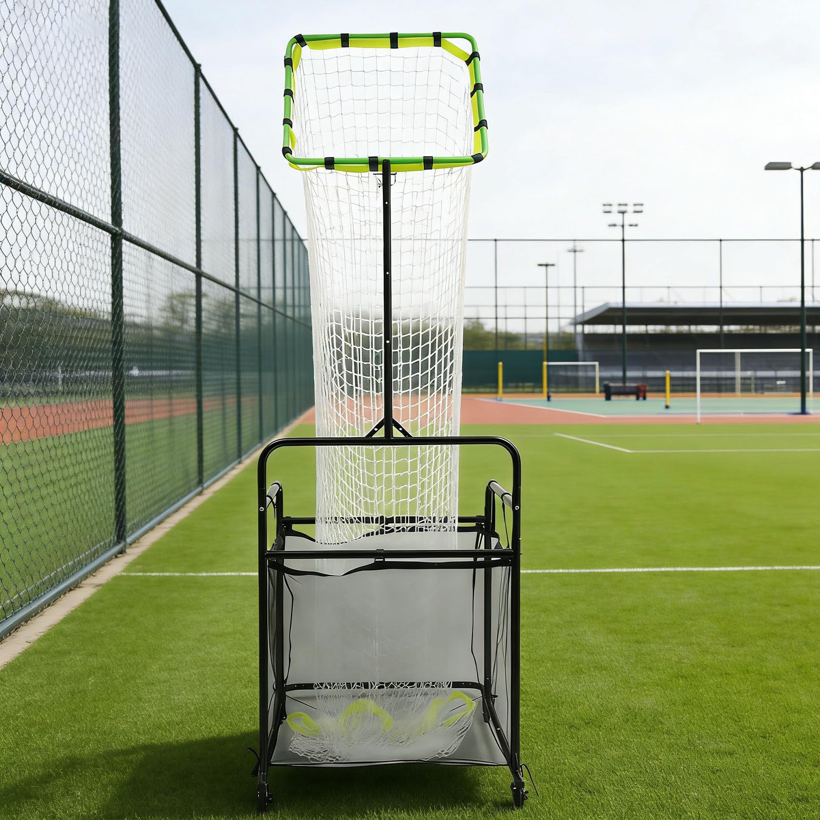 Rete da allenamento per pallavolo con altezza e angolazione regolabili, include panno bersaglio e borsa di raccolta con ruote, ideale per allenamento in interni ed esterni