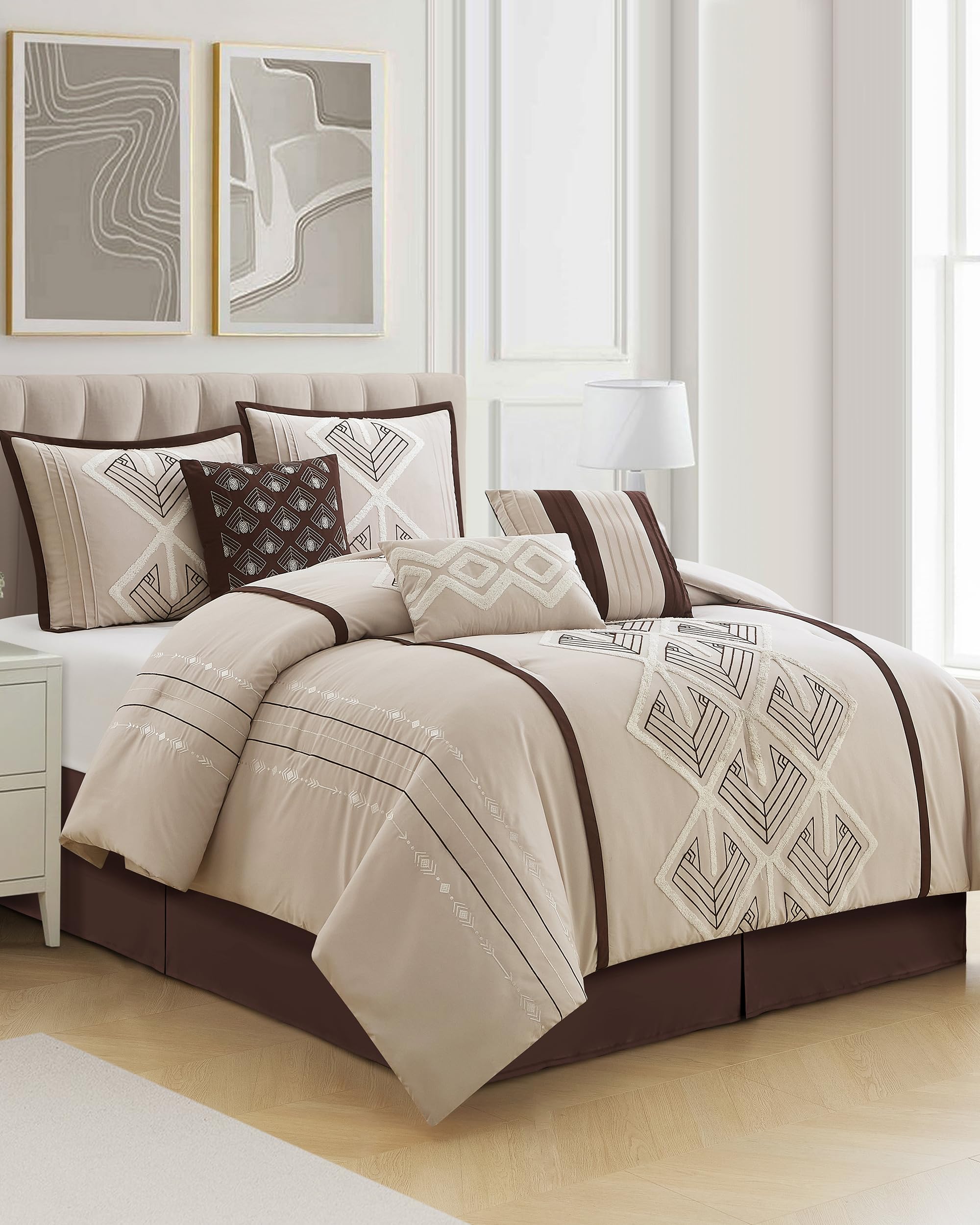 LANCO MODERN LIFESTYLE Beige Brown California King Comforter Set, Soft Lightweight Bedding Set for All Seasons, 7 Pieces, Comforter, Bedskirt, 2