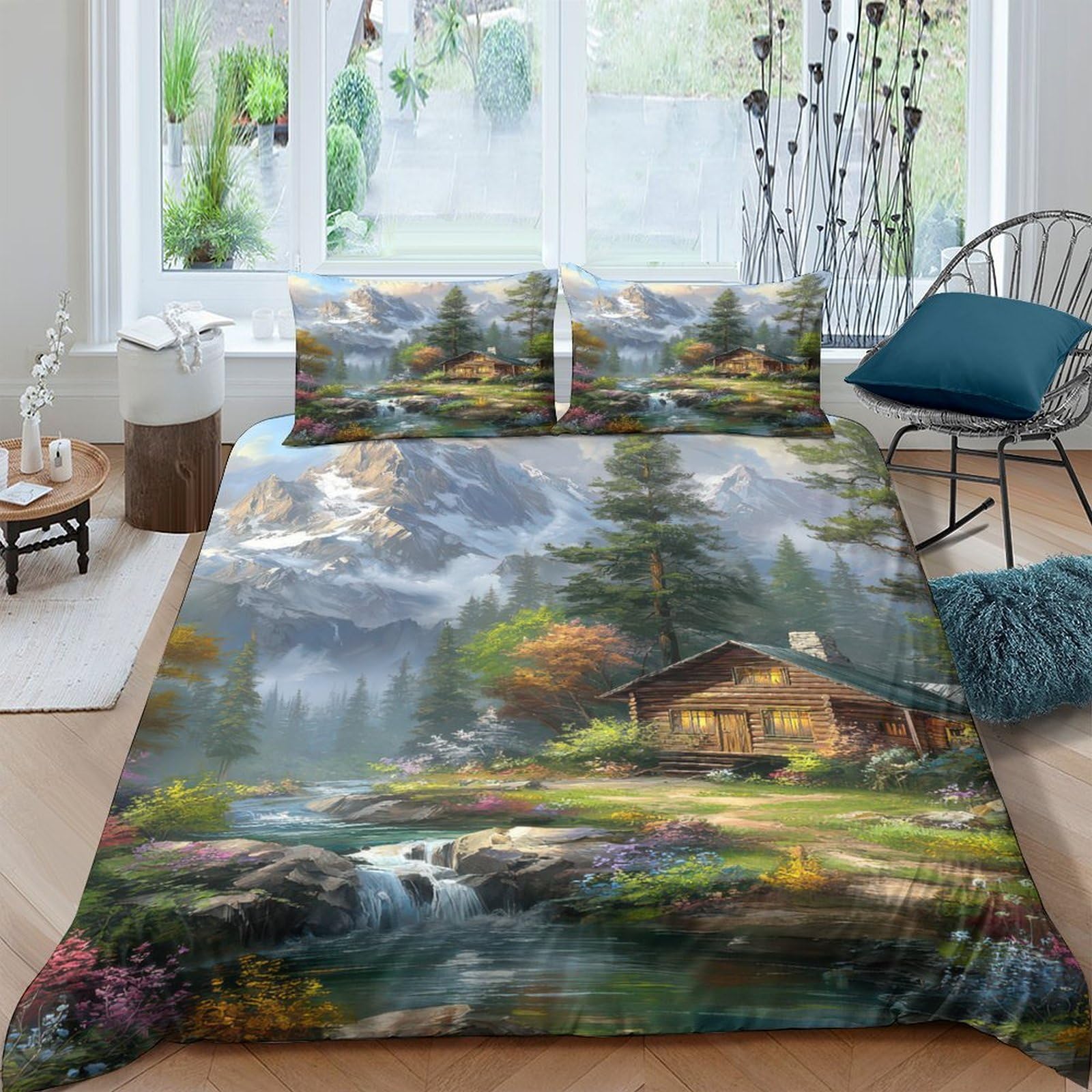 Ctjqhvkz Style-2 3D Printed Mountain Cabin Fitted Sheet Microfiber Scenic Forest Stream Mattress Cover For Bedroom Guest Room Decor Single（135X200cm）