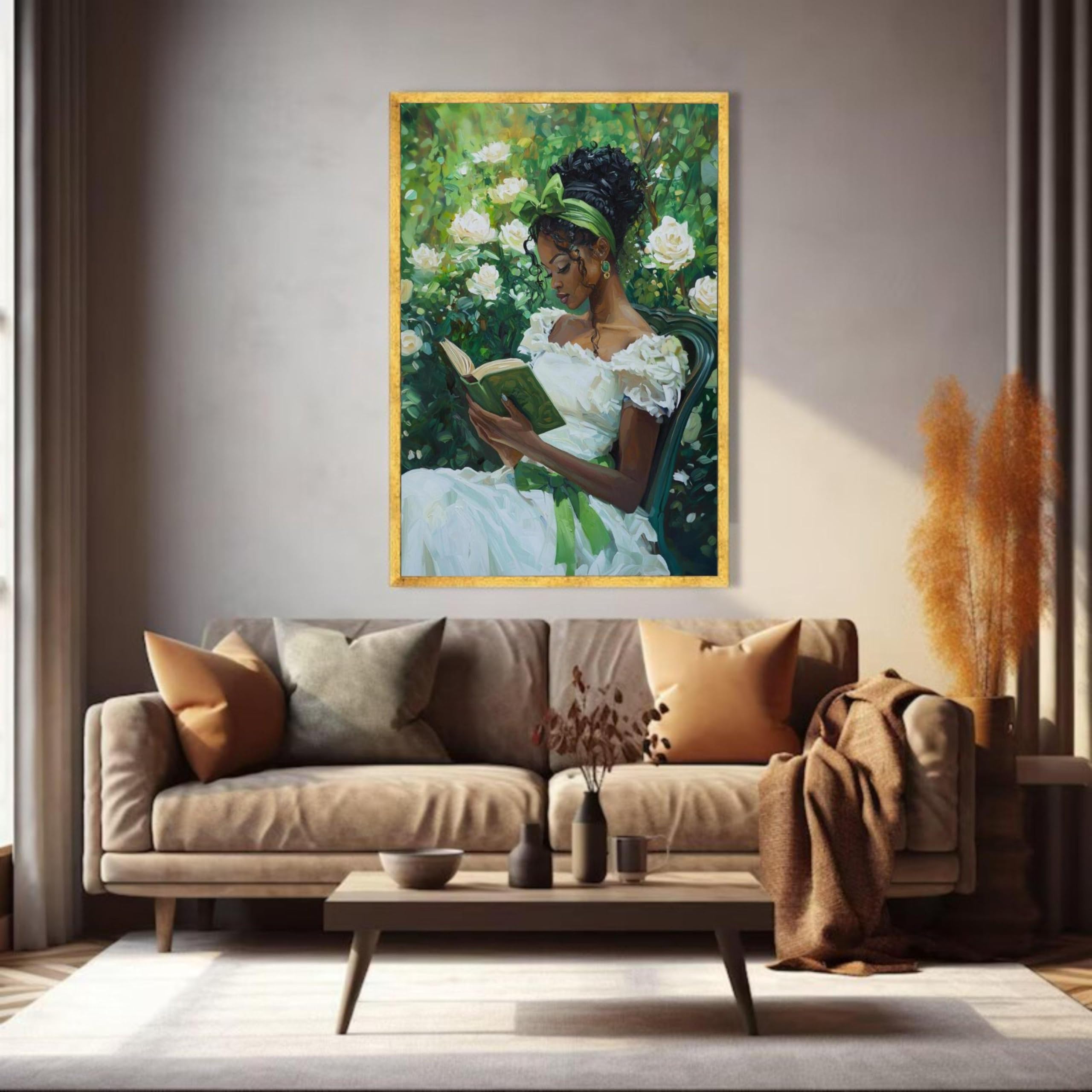 XINBAO Obraz na płótnie z kobietą czytającą, kwiatowa grafika na ścianę, duże płótno, dekoracja ścienna do domu (80 x 120 cm/bez ramy)