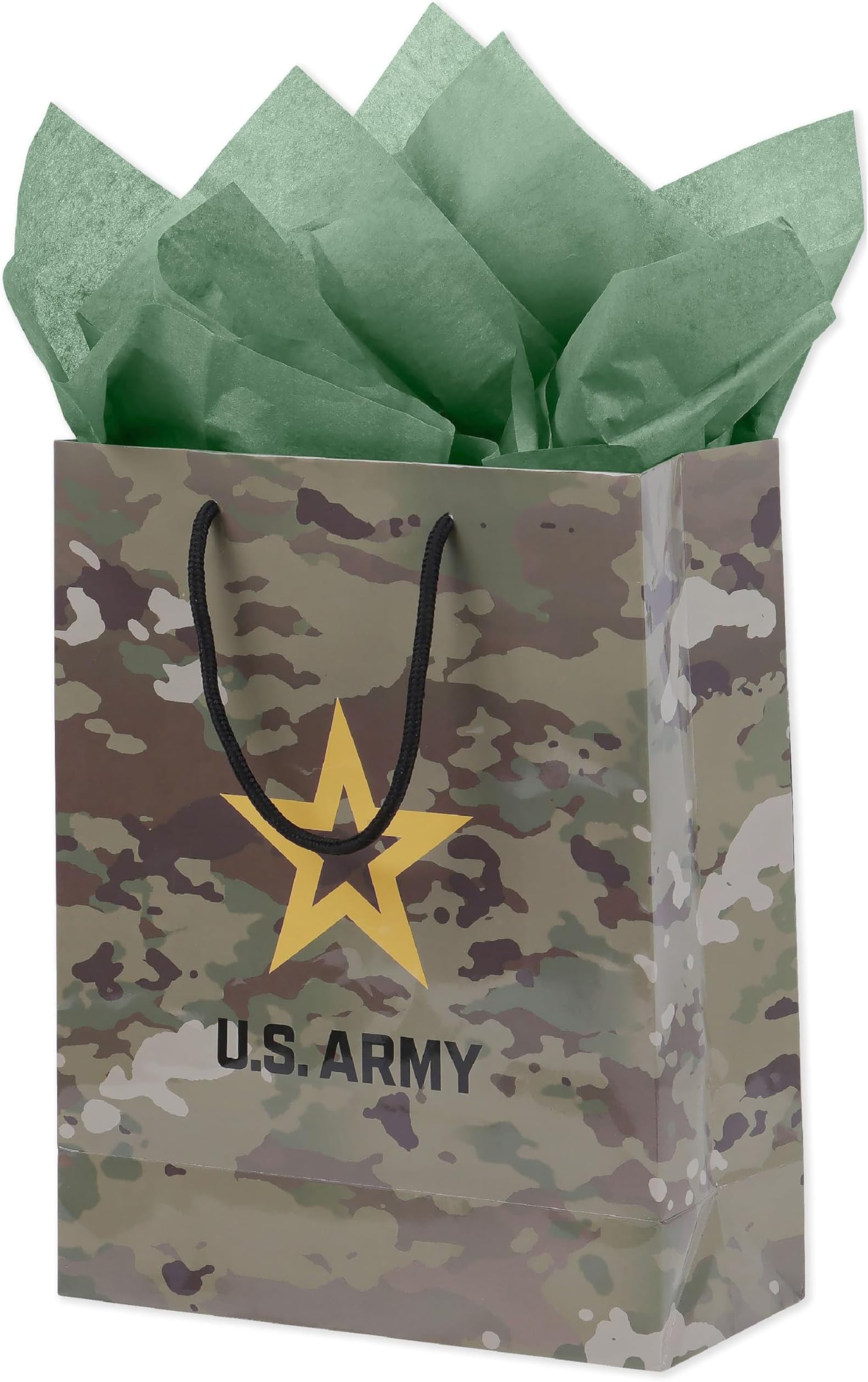 Havercamp U.S. Army Gift Bag (1) Stunning, Durable Medium Bag - Includes 2 Hunter Green Tissue Papers, Black Rope Handles & Tag, Army Themed Gift Bag, Veteran Gifts (Brown & Green)