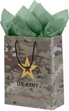 Havercamp U.S. Army Gift Bag 1 Stunning, Durable Medium Bag - Includes 2 Hunter Green Tissue Papers, Black Rope Handles & Tag, Army Themed Gift Bag, Veteran Gifts Brown & Green