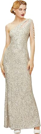 BABEYOND Womens Sequin Prom Dress - One Shoulder Maxi Dress Gowns and Evening Dresses for Party Wedding Guest Silver