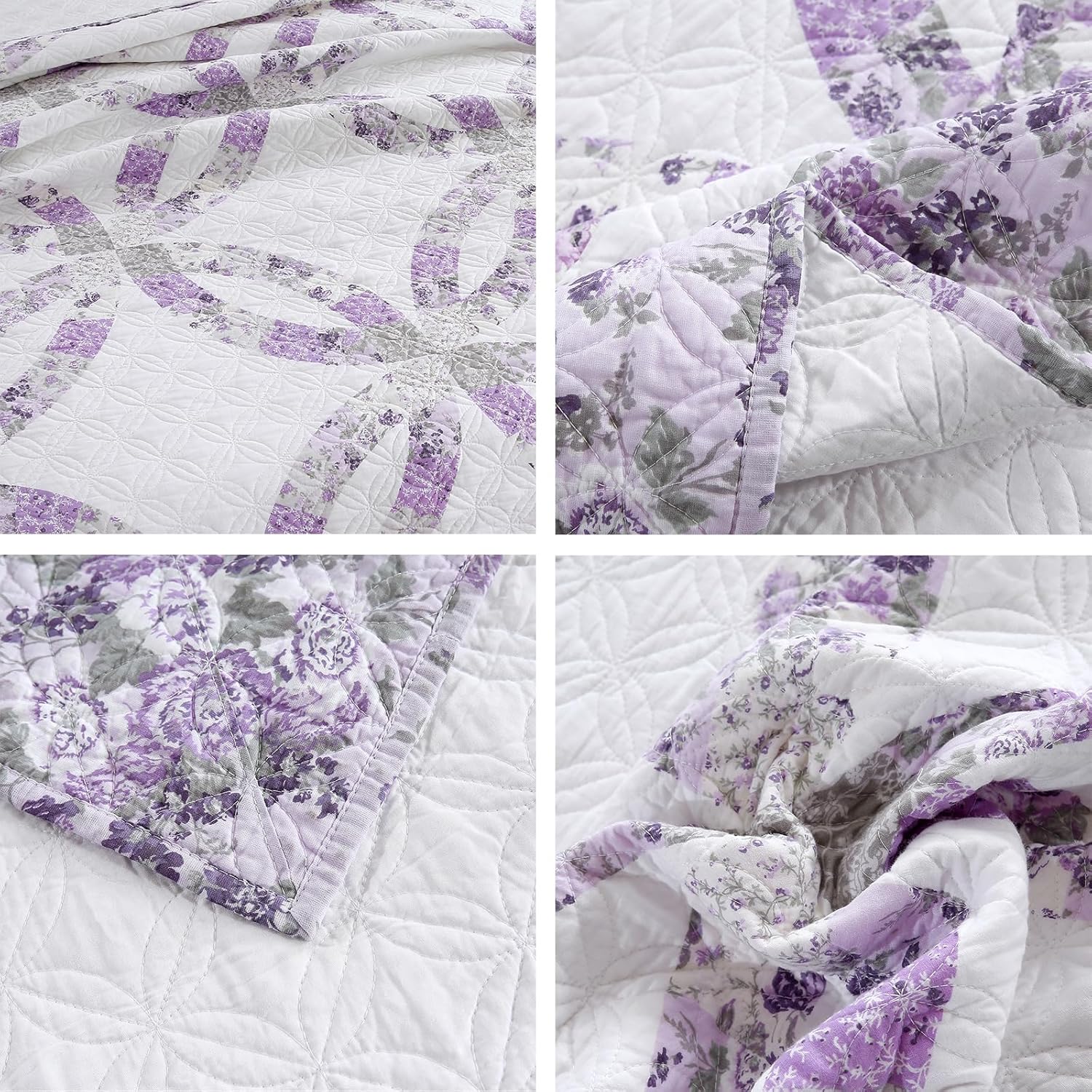 vctops Elegant Floral Pattern Cotton Quilted Bedspread Coverlet Set Oversize Queen 3 Pieces Patchwork Reversible Embroidered Bedspread Quilt Set for All Season (Purple,96"x110")