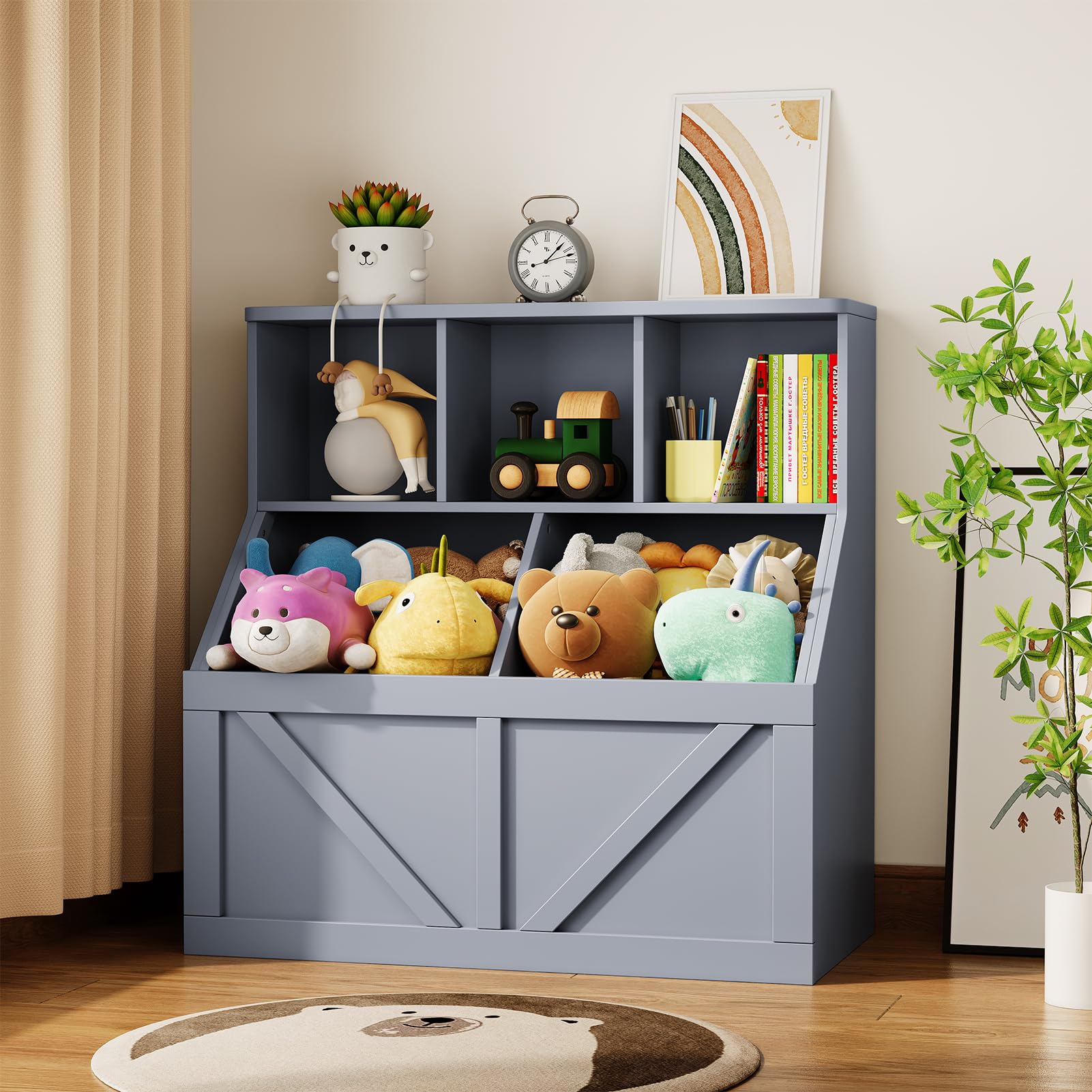 Kinder Spielzeug- & Bücherregal mit Aufbewahrung – Organizer mit Regal & Schrank für Spielzimmer/Schlafzimmer/Kita/Kindergarten, leicht aufzubauen – Farbe: Pure Gray