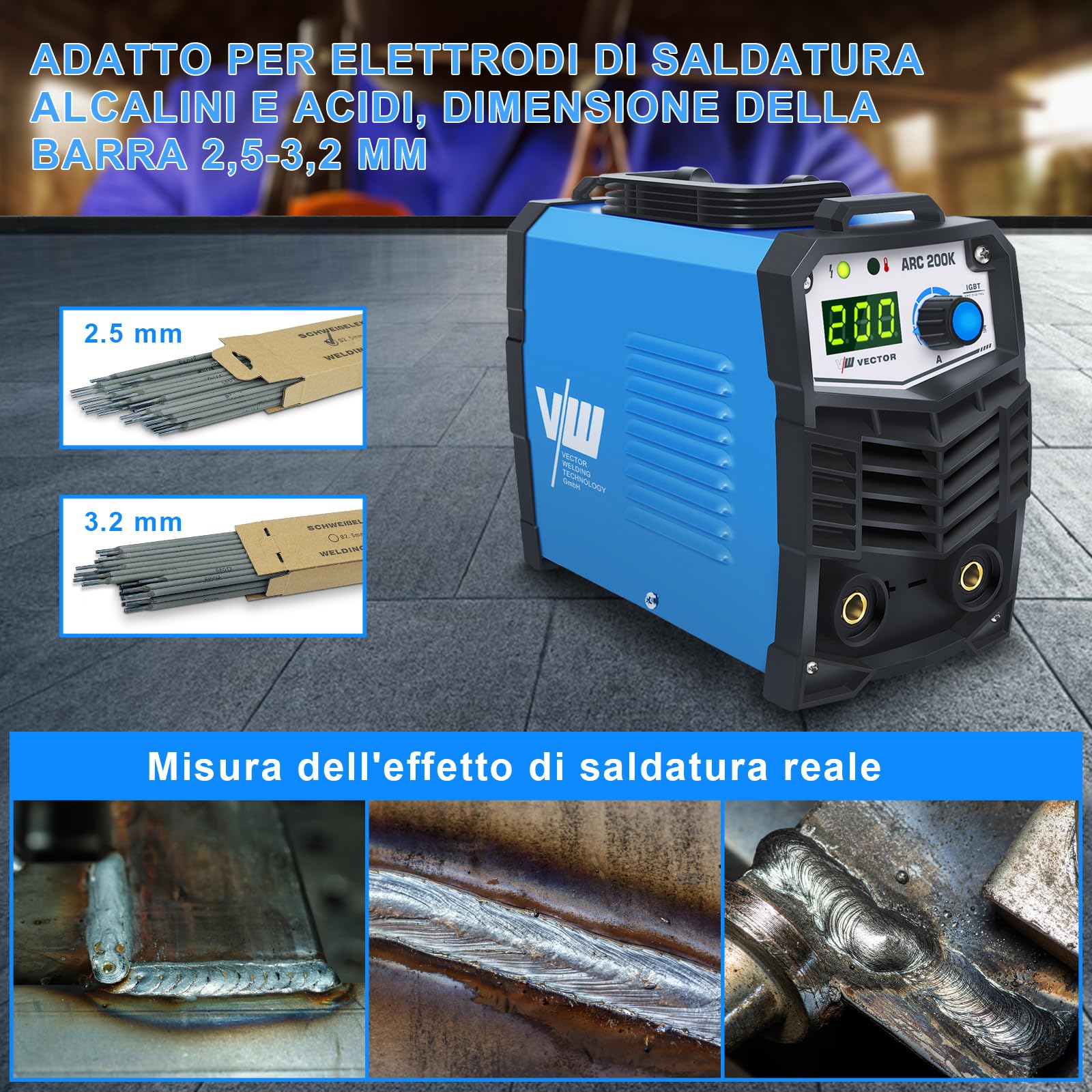 200A Saldatrice Inverter Ad Elettrodo Con Maschera Automatica E Accessori Di Saldatura, Saldatrice Elettrodo MMA/STICK/E-HAND con Hot Start, Arc Force, Anti-Stick -Vector Welding