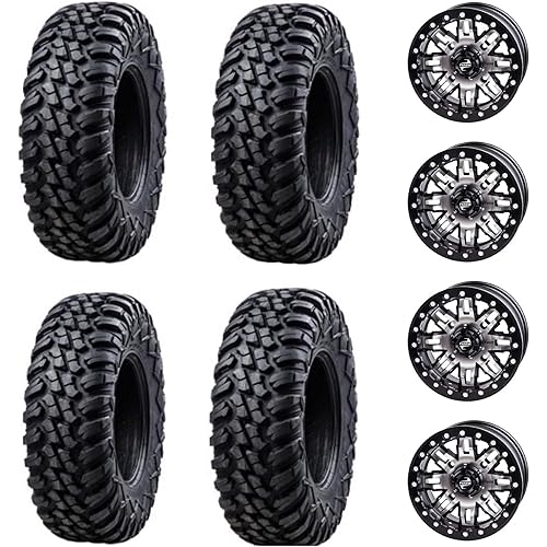 Four 30x10-14 Tusk TERRABITE Heavy Duty 8-Ply Radial UTV Tires mounted on Tusk TETON Beadlock Wheels - POLARIS UTVs - 4/156 bolt pattern - Includes Lug Nuts (4+3 Wheel Offset, Machined/Black)