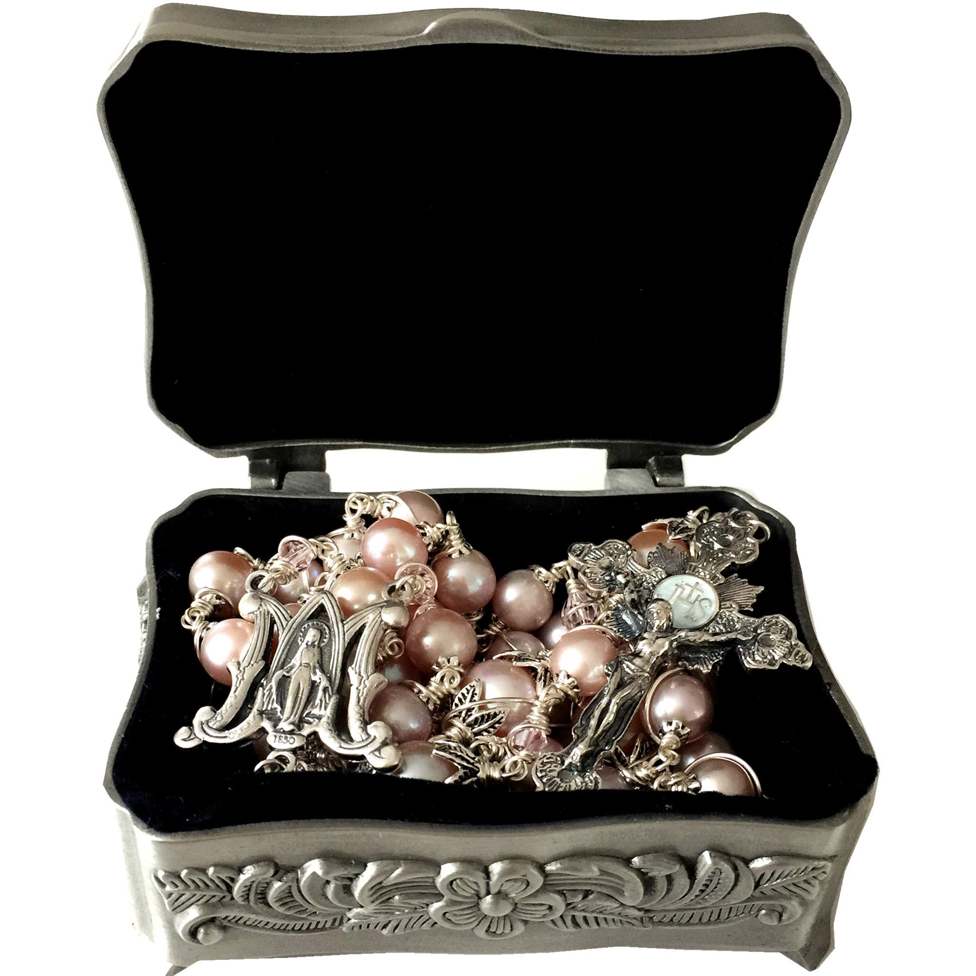 elegantmedical Handmade Bali Sterling Silver Wire Wraped AAA+ 8-9mm Purple Pearl Beads Catholic Rosary Necklace Cross Crucifix Box