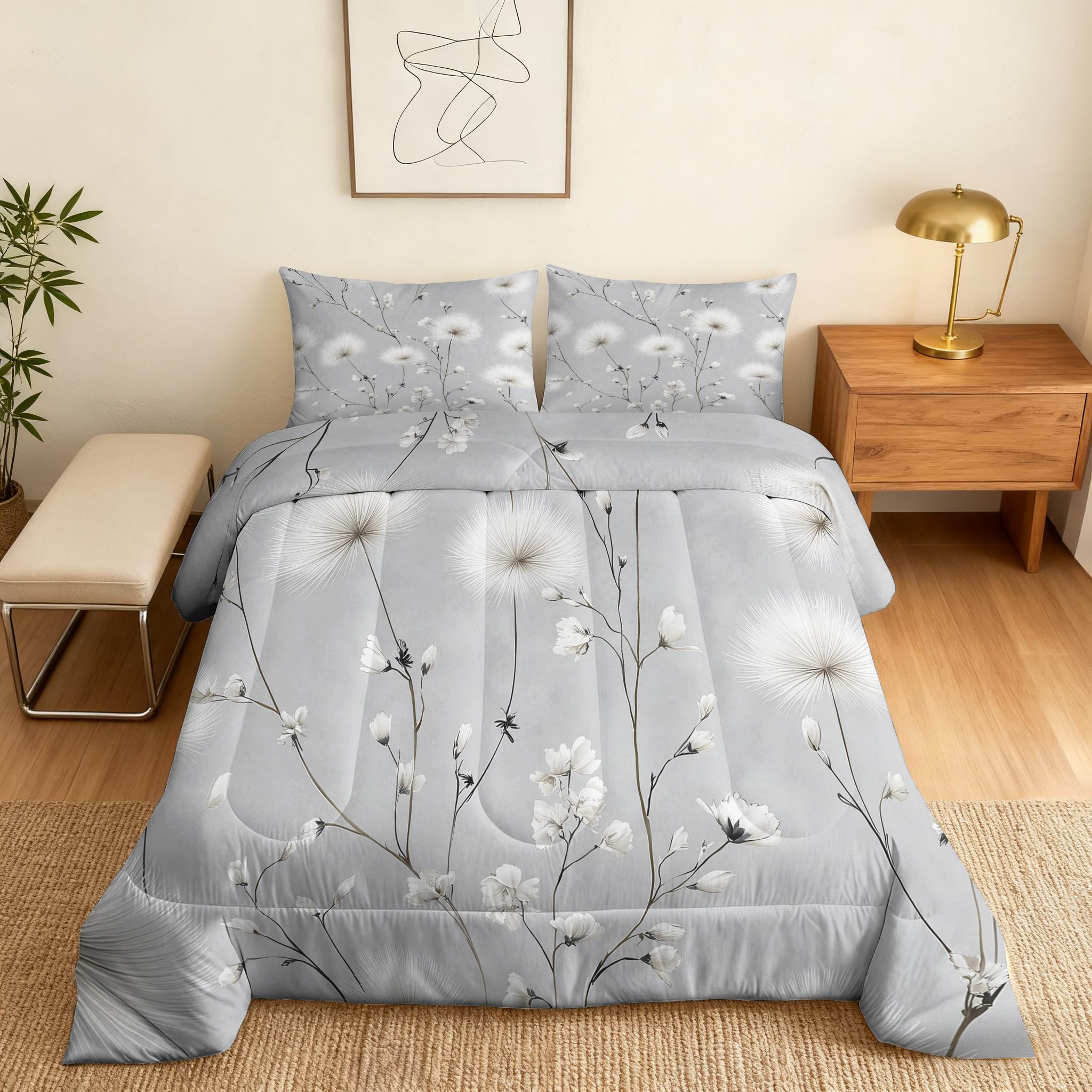 Coverless Duvet Super King Size Dandelion Floral Pattern, Bedroom Decor, Gift, Grey Flower Bedding Comforter Set 3 Piece, 2 Pillowcases, Soft All Season Quilt 10.5 Tog - S&E477