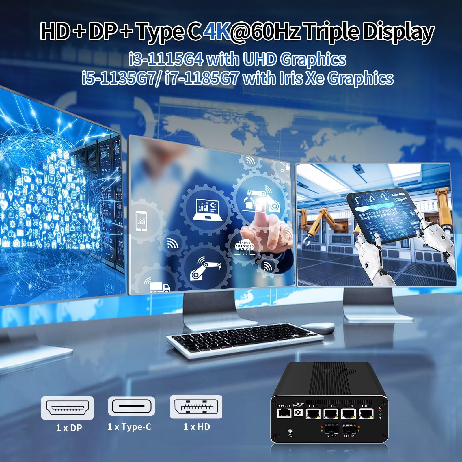 SJRC Firewall Mini PC 10GbE, 4C/8T Core i7 1185G7 Micro Application, Dual SFP+ 10 Gigabit, 4 x i226V 2.5GbE LAN, DDR4 8 Go de RAM 512 Go SSD, prend en charge OPNsense, HD, DP, Typc-C, 4K, TF