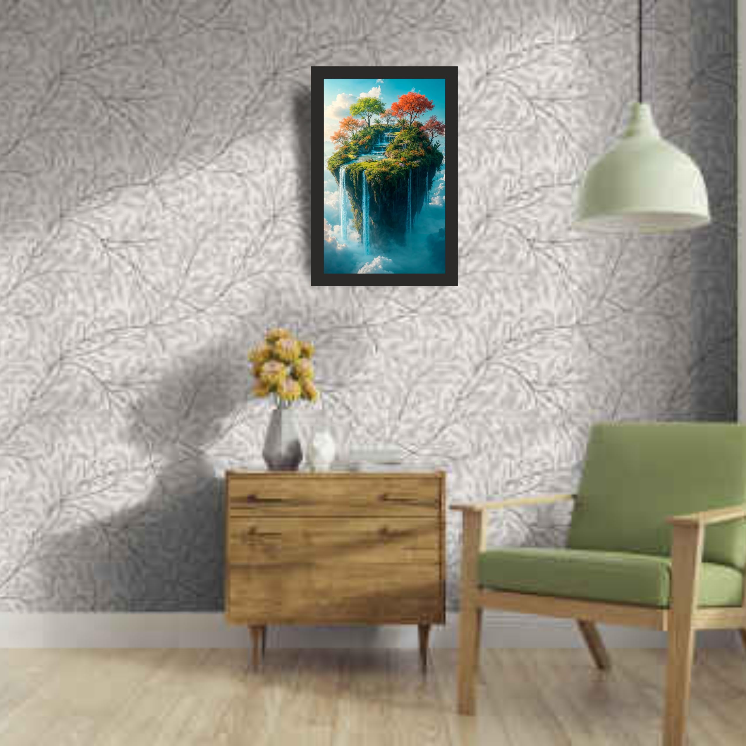 Floating Island Waterfall Wall Art Frame 12x18 Inch