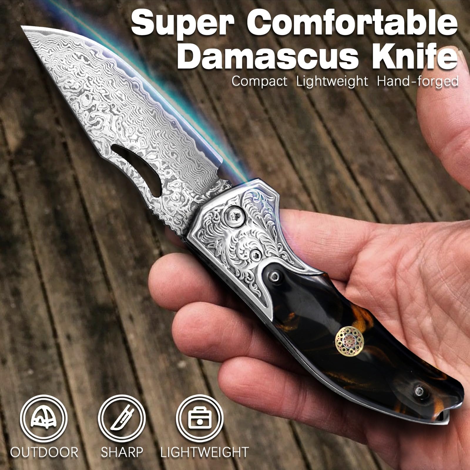Damast Taschen Klappmesser Outdoor Messer Jagdmesser Survival Messer Bushcraft EDC Zweihandmesser Mit Harzgriff Gravur, Lederscheide Für Camping Wandern Angeln
