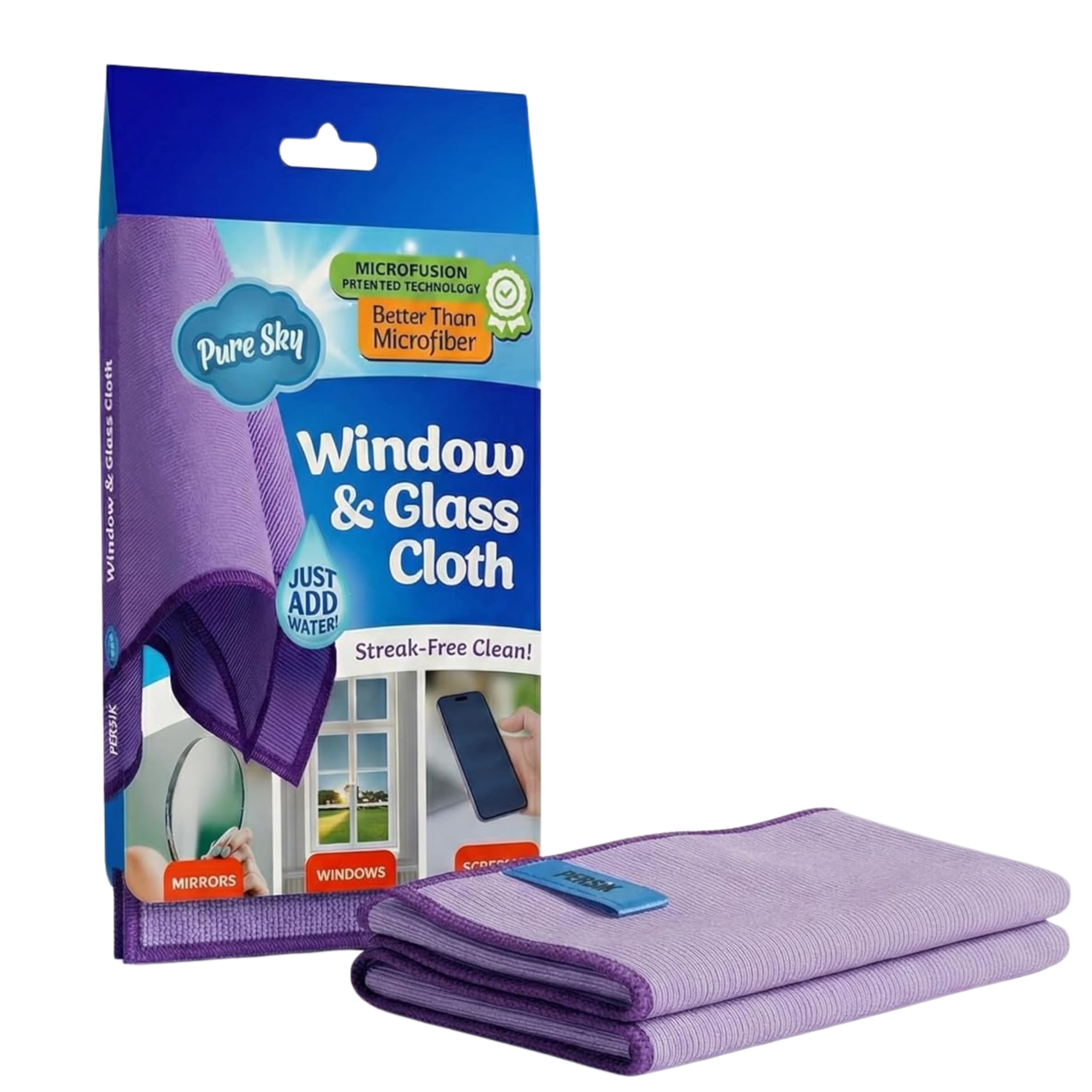 Pure Sky Microfiber Window & Glass Cleaning Cloth - JUST ADD Water No Detergents Needed – Magic Streak Free Ultra Microfiber Towel - for Windows,Car Glass, Mirror and Screen - Leaves no Wiping Mark
