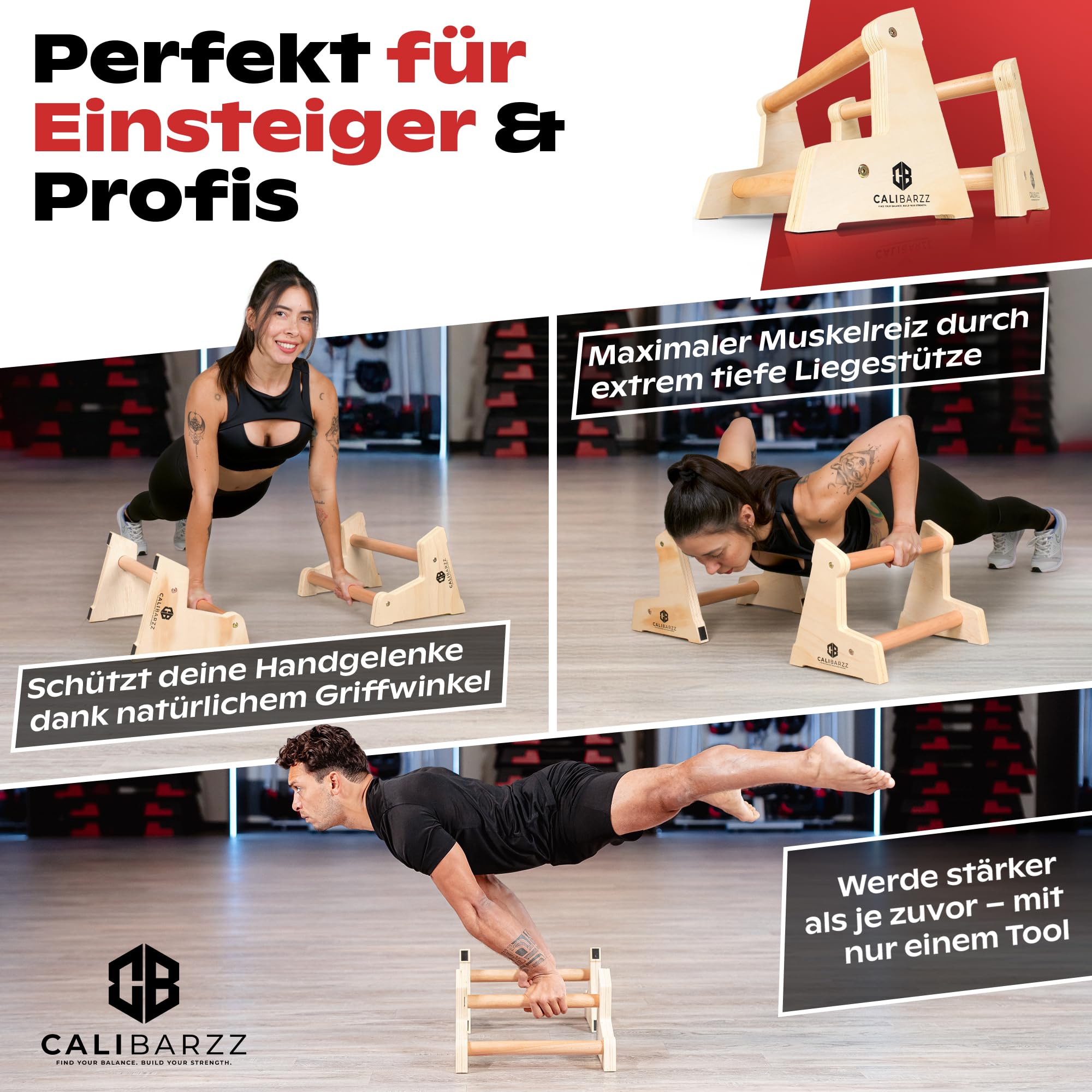 Calibarzz Parallettes & Liegestützgriffe aus Holz [3 Höhen] Push up Bars - Handstand Griffe - Dip Bars | Calisthenics Equipment für Home Workout und Outdoor