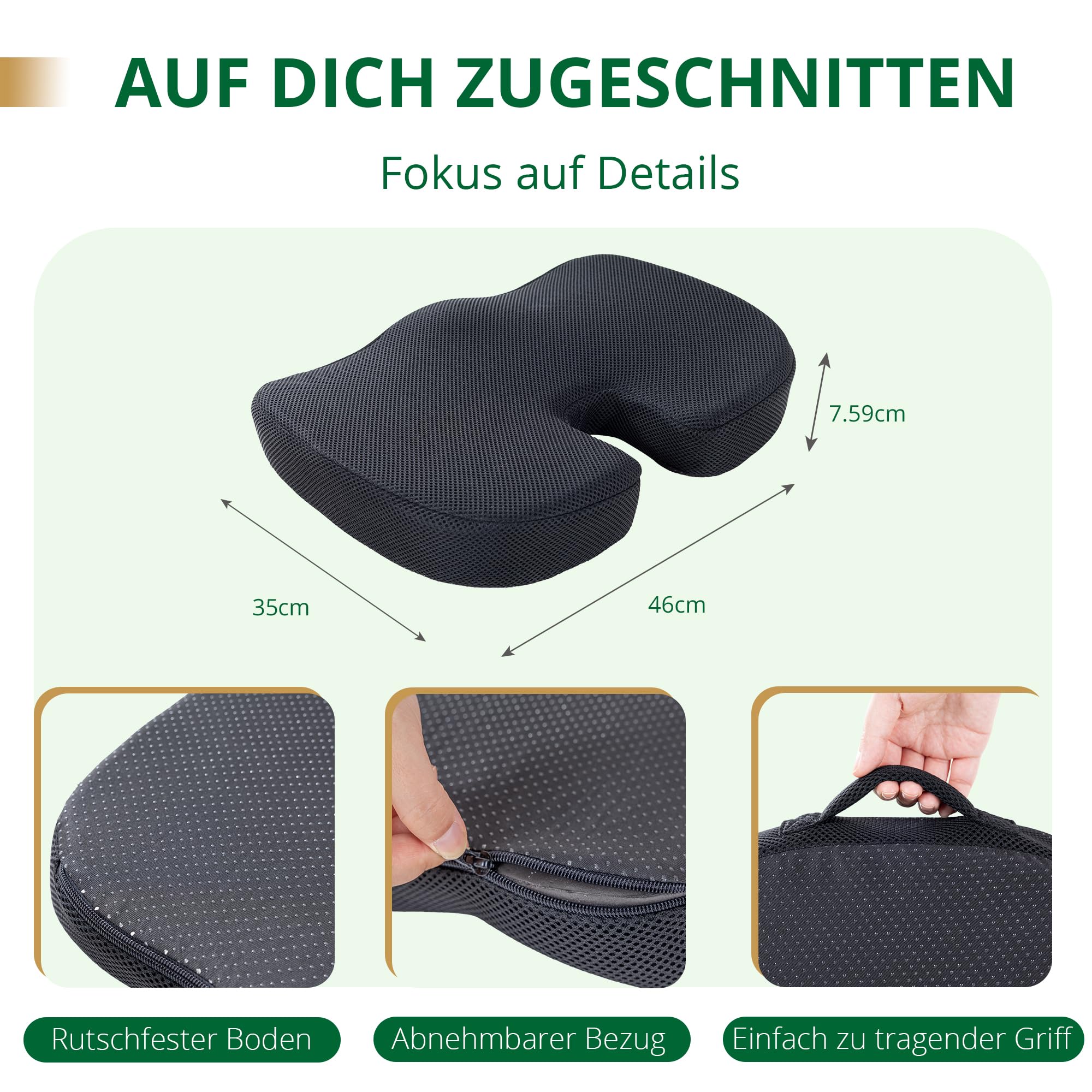 Ego Home Coussin de Chaises en Mousse à Mémoire Charcoal - Coussin Coccyx Ergonomique pour Siège Voiture Auto Conducteur Fauteil Bureau Fauteuil Roulant, Coussin d’Assise, Bas du Dos Housse Lavable