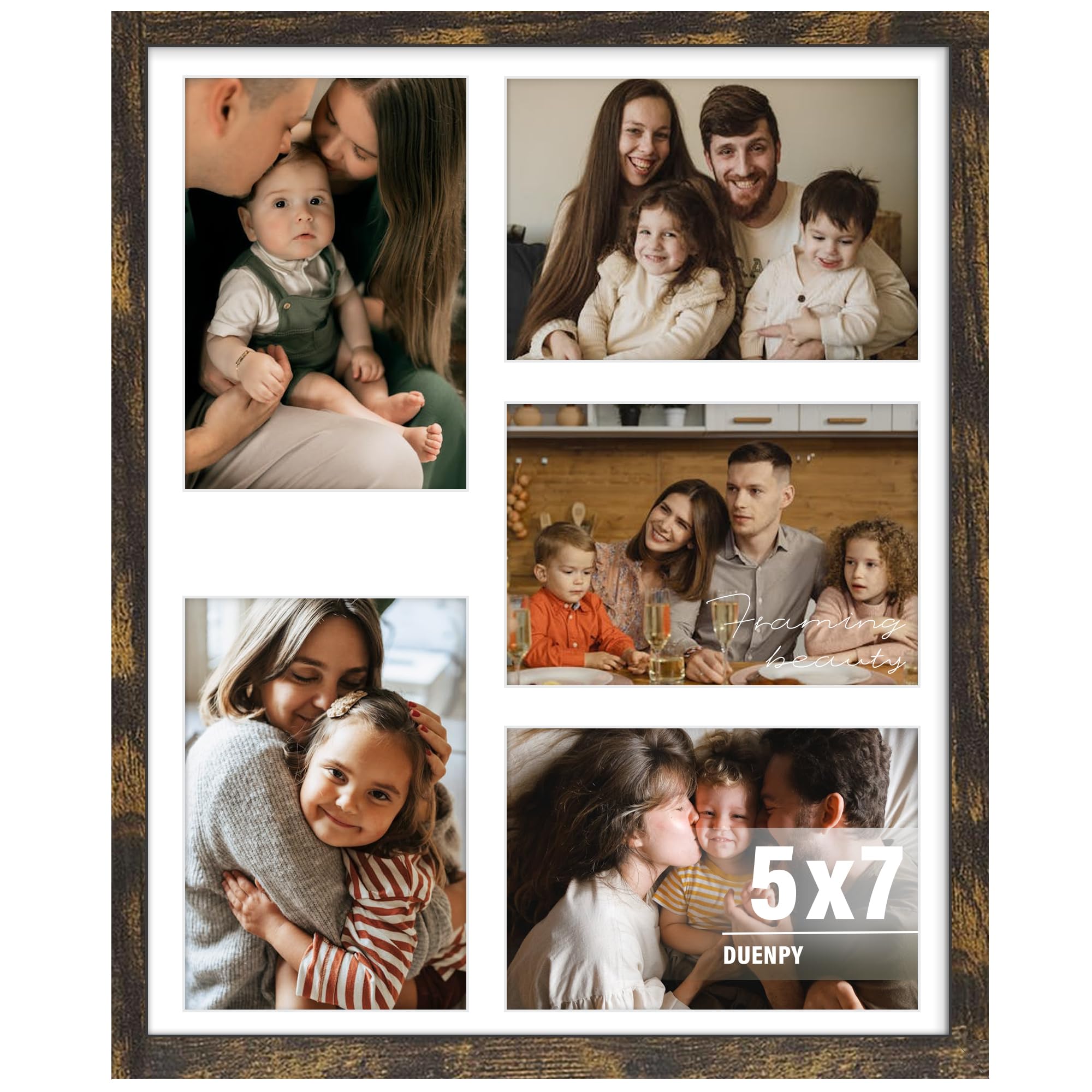 DUENPY 13x16 Picture Frame 5x7 Collage Picture Frame Displays Five 5x7 inch Photos Collage Wall Decor Wall Hanging Brown