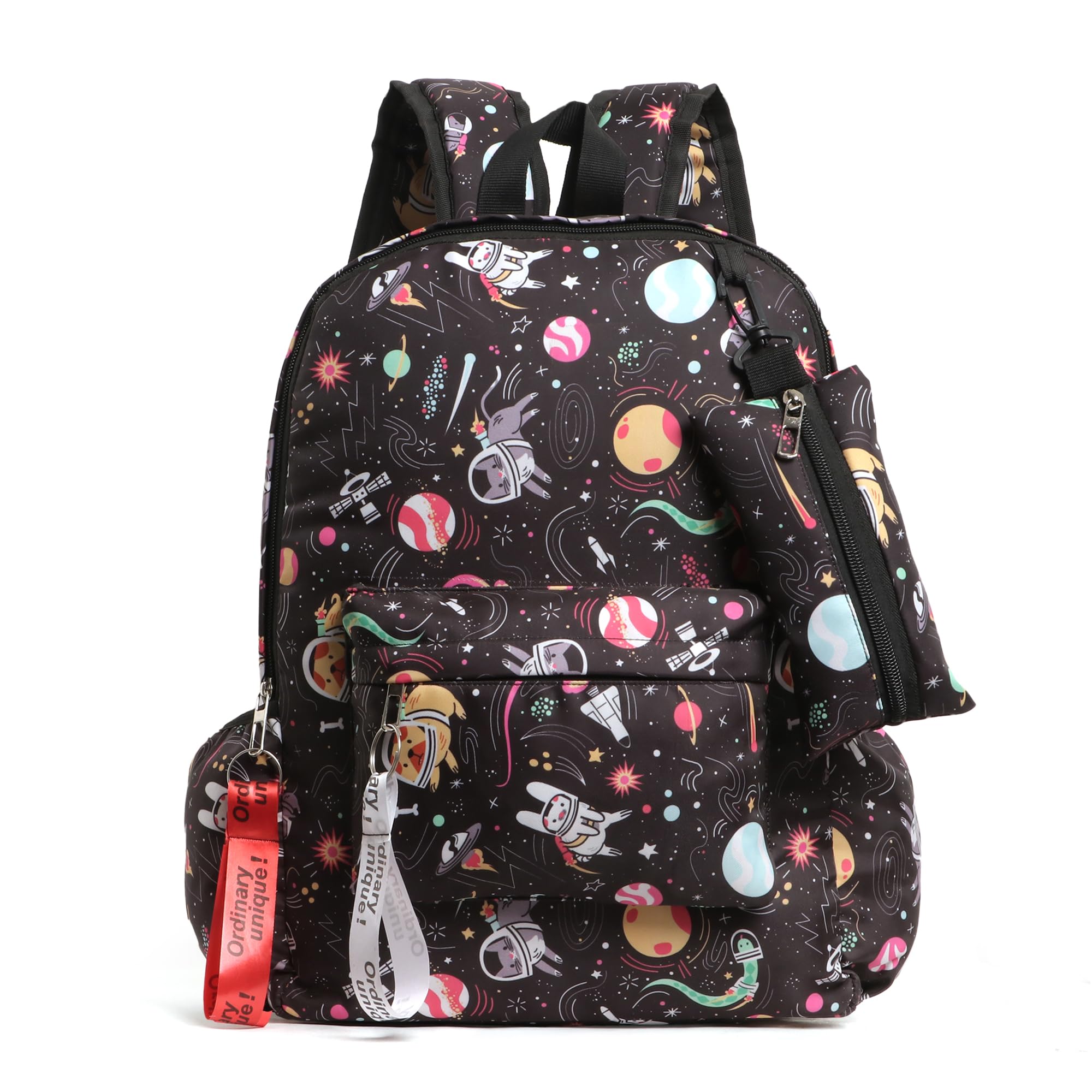 casa store space theme backpack, print with planets and astronauts, black