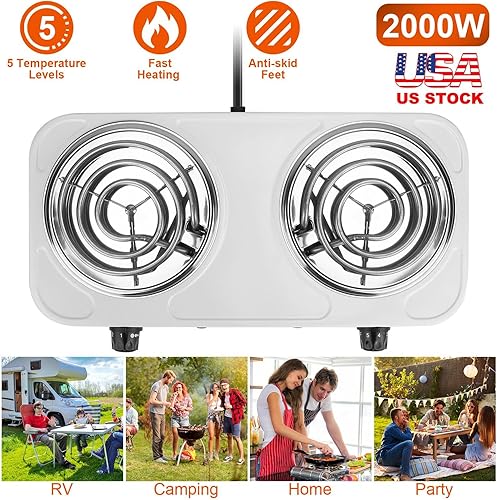 Miniatura 2 de MounTEK - Estufa eléctrica de 2000 W para cocinar eléctrica de doble quemador, calefacción, estufa de placa caliente, encimera de caravana, placa
