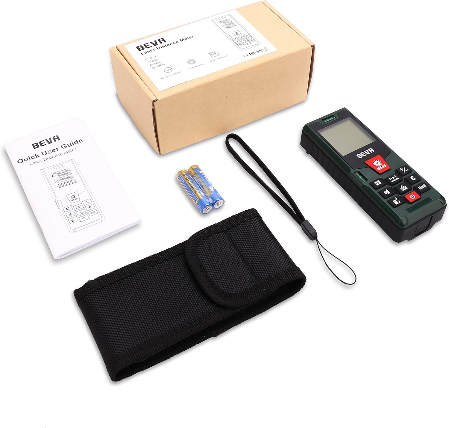 BEVA Laser Measure box contents including batteries