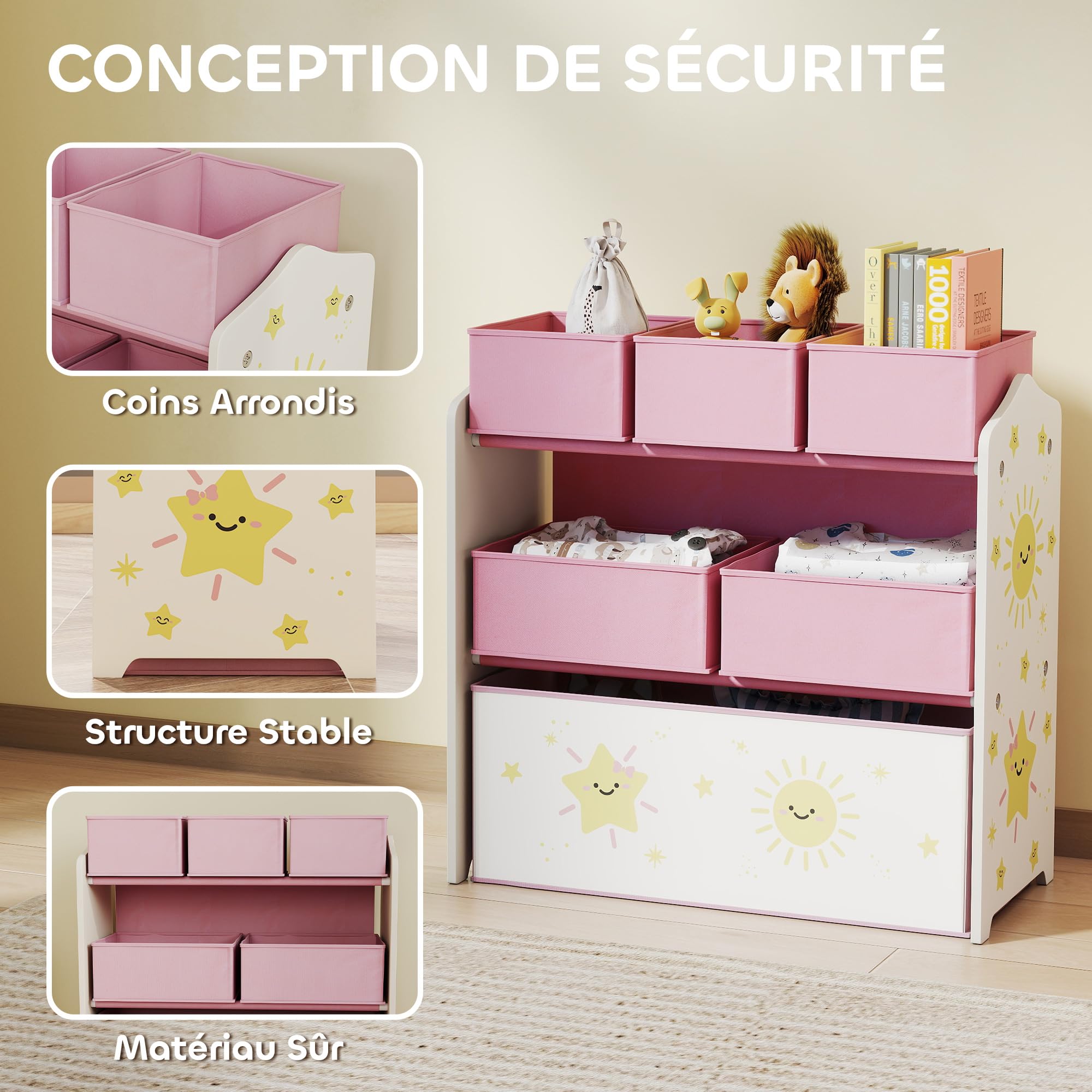 AIYAPLAY Meuble Rangement Enfant à 3 Niveaux, étagère de Rangement pour Jouets Enfants avec 6 boîtes en Tissu Amovibles, pour Chambre d'enfant, Salle de Jeux, garderie, Rose