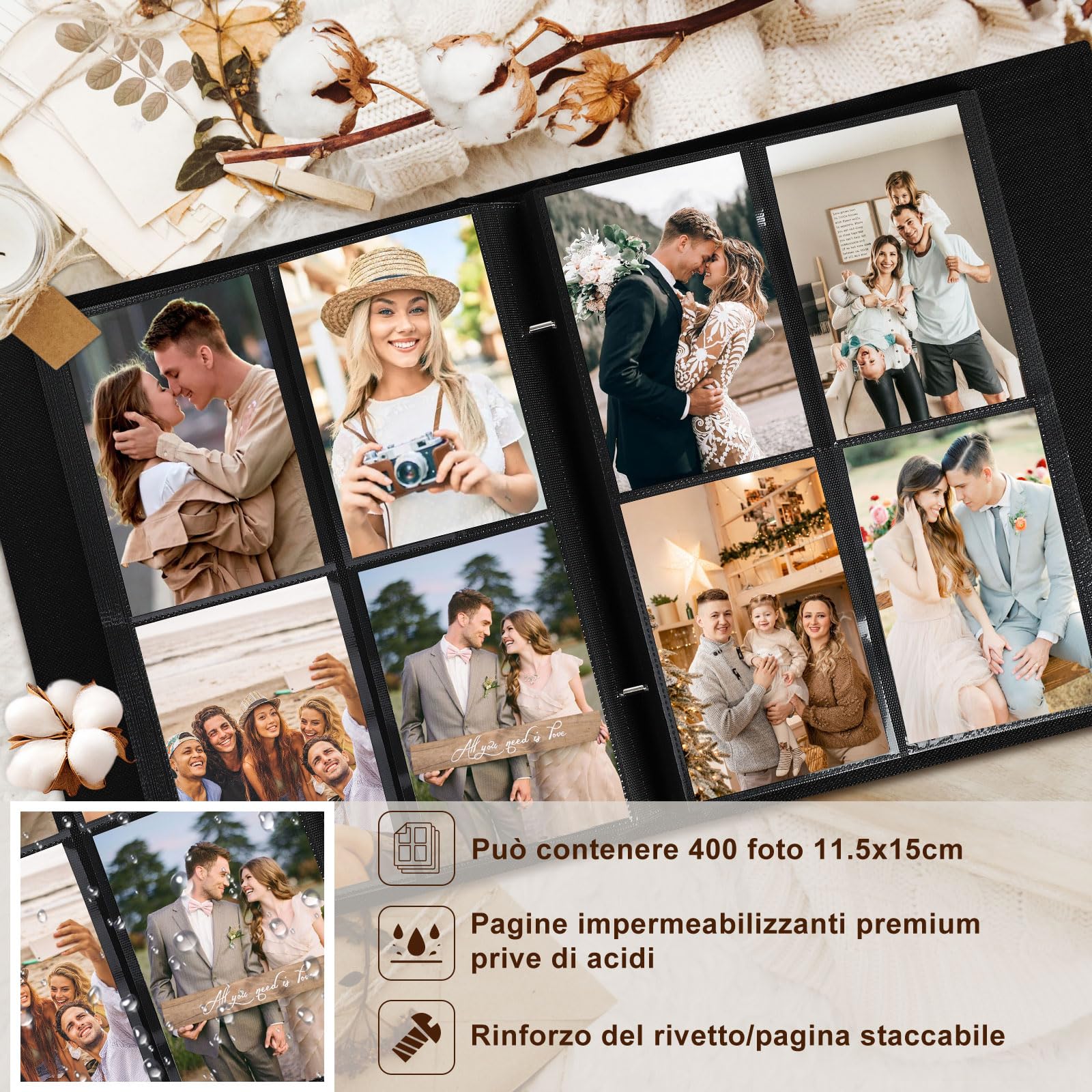 Lanpn Album Fotografico 11,5x15 11x15 400, Biancheria PortaFoto Album Portafoto Verticale Tasche (Grigio)