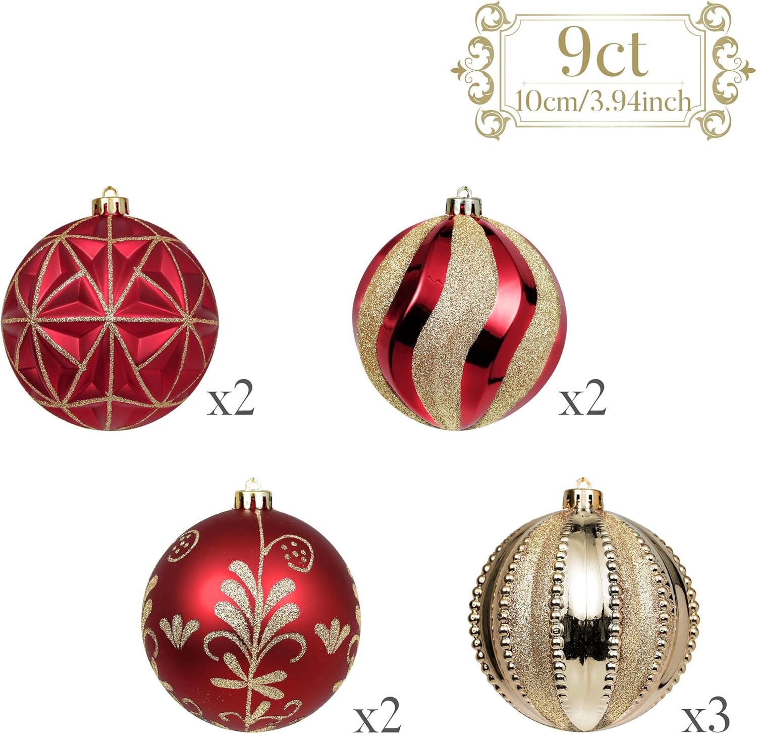 Valery Madelyn Large Christmas Ball Ornaments, 9ct 3.94 Inches Red and Gold Shatterproof Christmas Tree Decorations Set, Luxury Hanging Ornaments for Xmas Trees Bulk Holiday Decor
