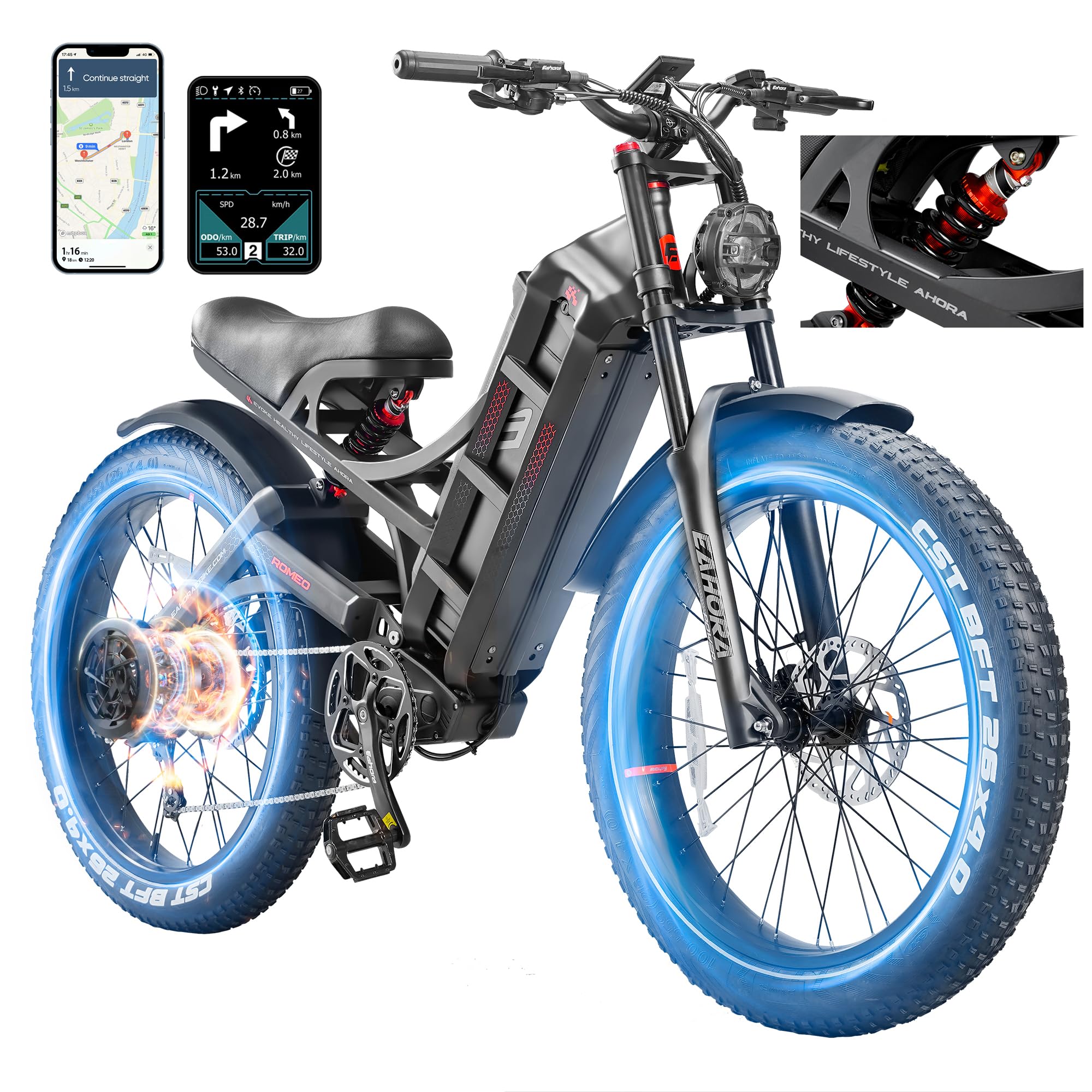 Eahora Romeo Pro 2 Ebike 1600W/4000W Electric Bike for Adults 52V 60AH/70AH Long Range Dual Motor Electric Mountain Bike Dual Hydraulic Brakes Full Suspension EBike,UL2849