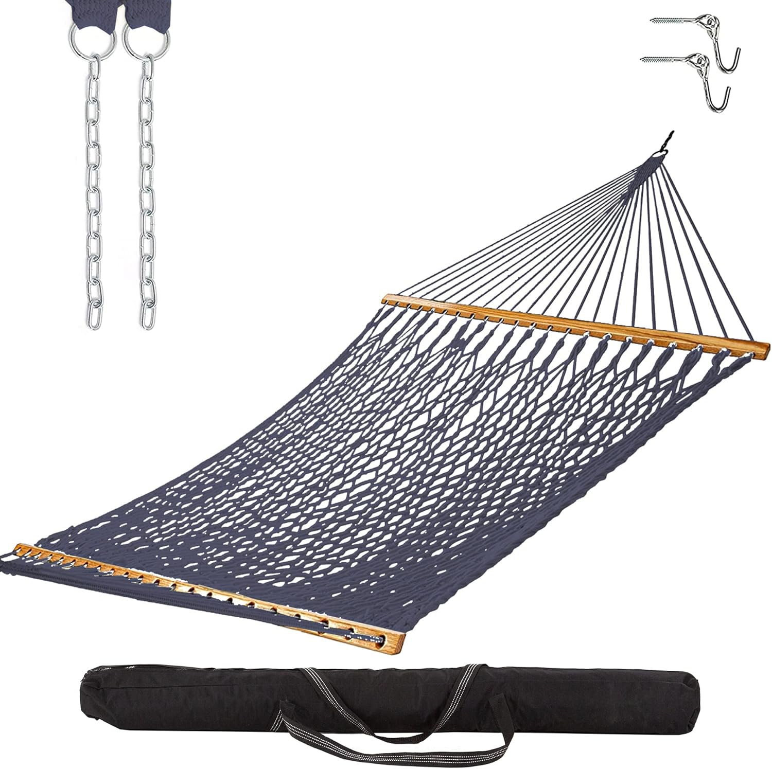 Castaway Living 13 ft. Double Traditional Hand Woven Navy Polyester Rope Hammock with Free Extension Chains,Tree Hooks & Storage Bag, for 2 People with a Weight Capacity of 450 lbs.