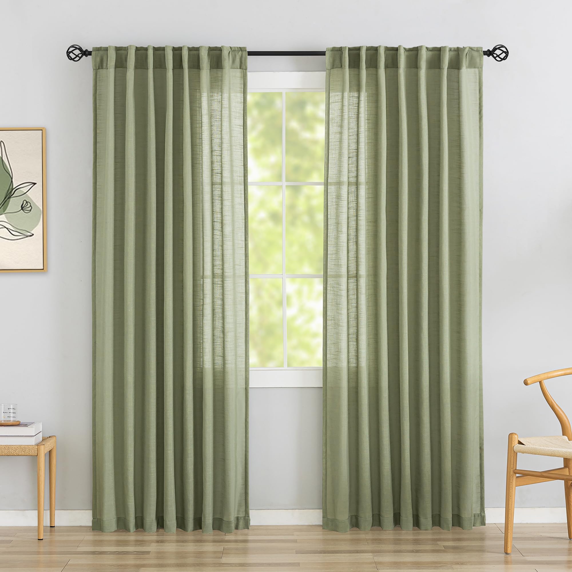 DONREN Sage Green Linen Back Tab Curtains - 90 Inch Long, 2 Panel Set for Dining Cottage - Soft Light Weight Airy Semi Privacy Sheer Curtains With
