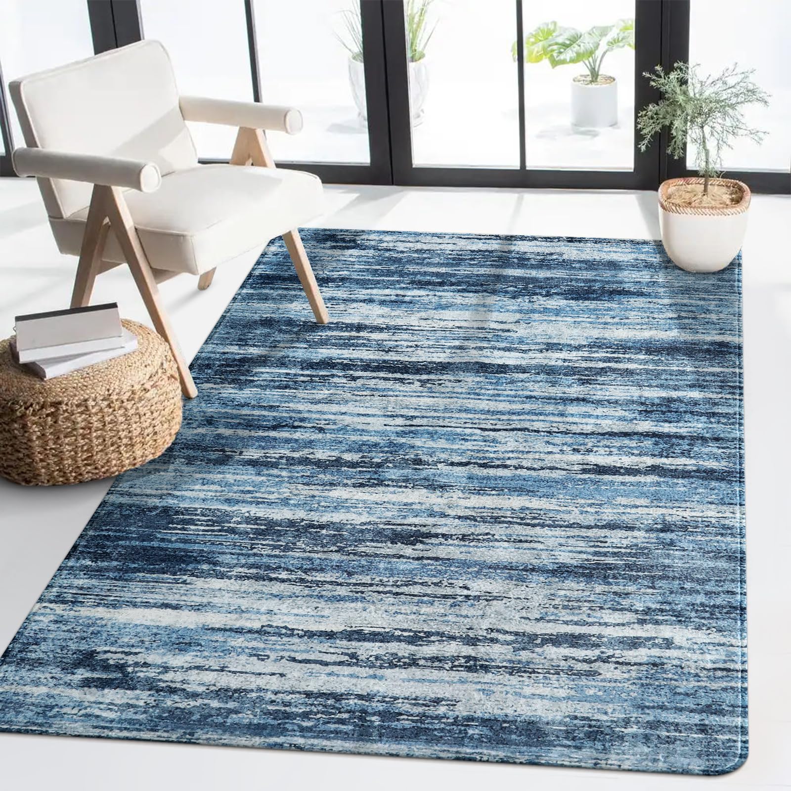 Lahome Modern Abstract 3x5 Area Rug, Washable Entryway Rug Non-Slip Soft Carpet for Bedroom Throw Rugs for Living Room, Ombre Print Indoor Blue Area Rug for Kitchen Office Entrance (Blue, 3'x5')OEKO-TEX STANDARD 100