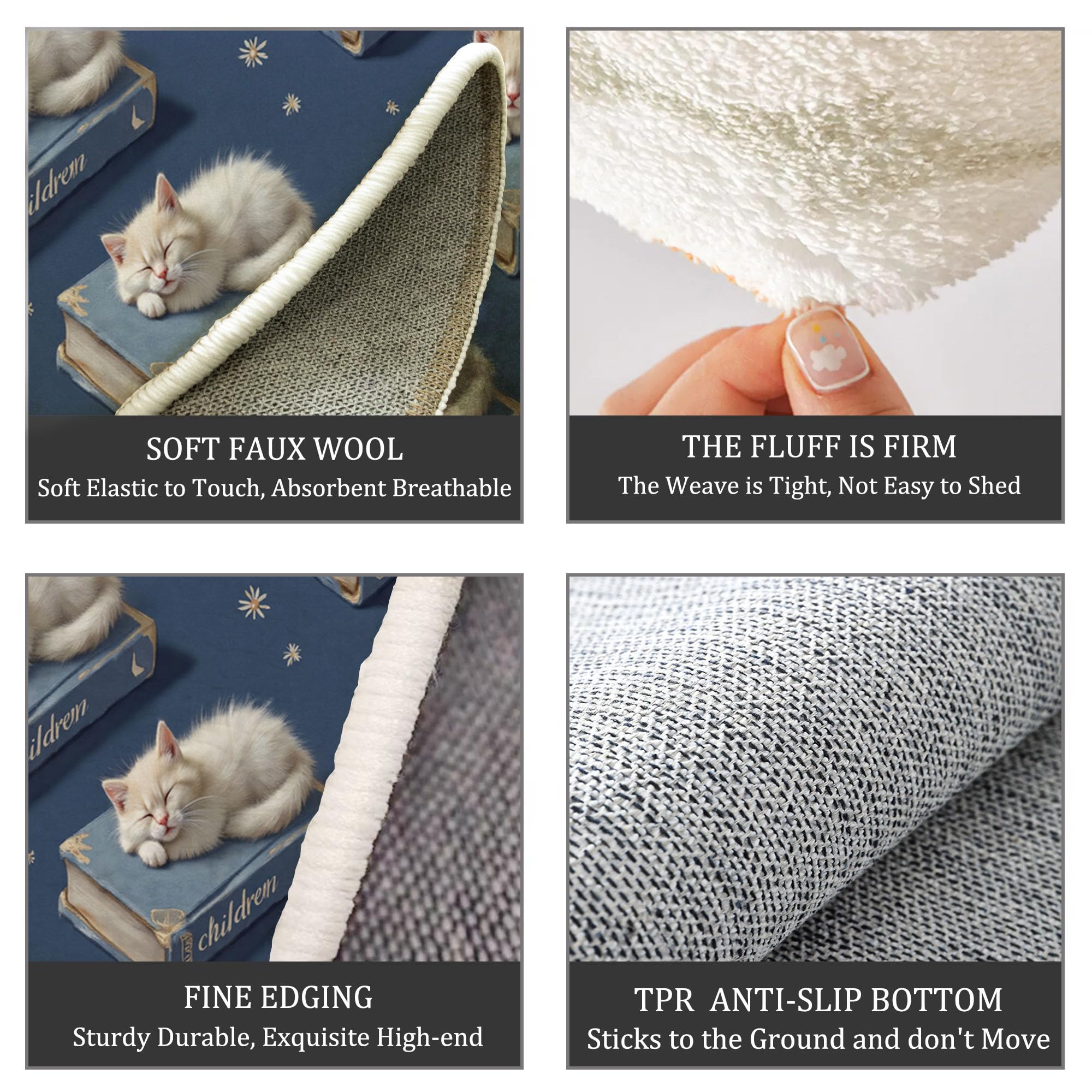 Tapis Rond De Chambre d'enfant 100 Cm - Chat Mignon Livres Bleu Marine - Motif Animaux Ciel Étoilé - Moelleux Et Antidérapant - Tapis De Salon À Poils Courts - Lavable - Moderne Doux
