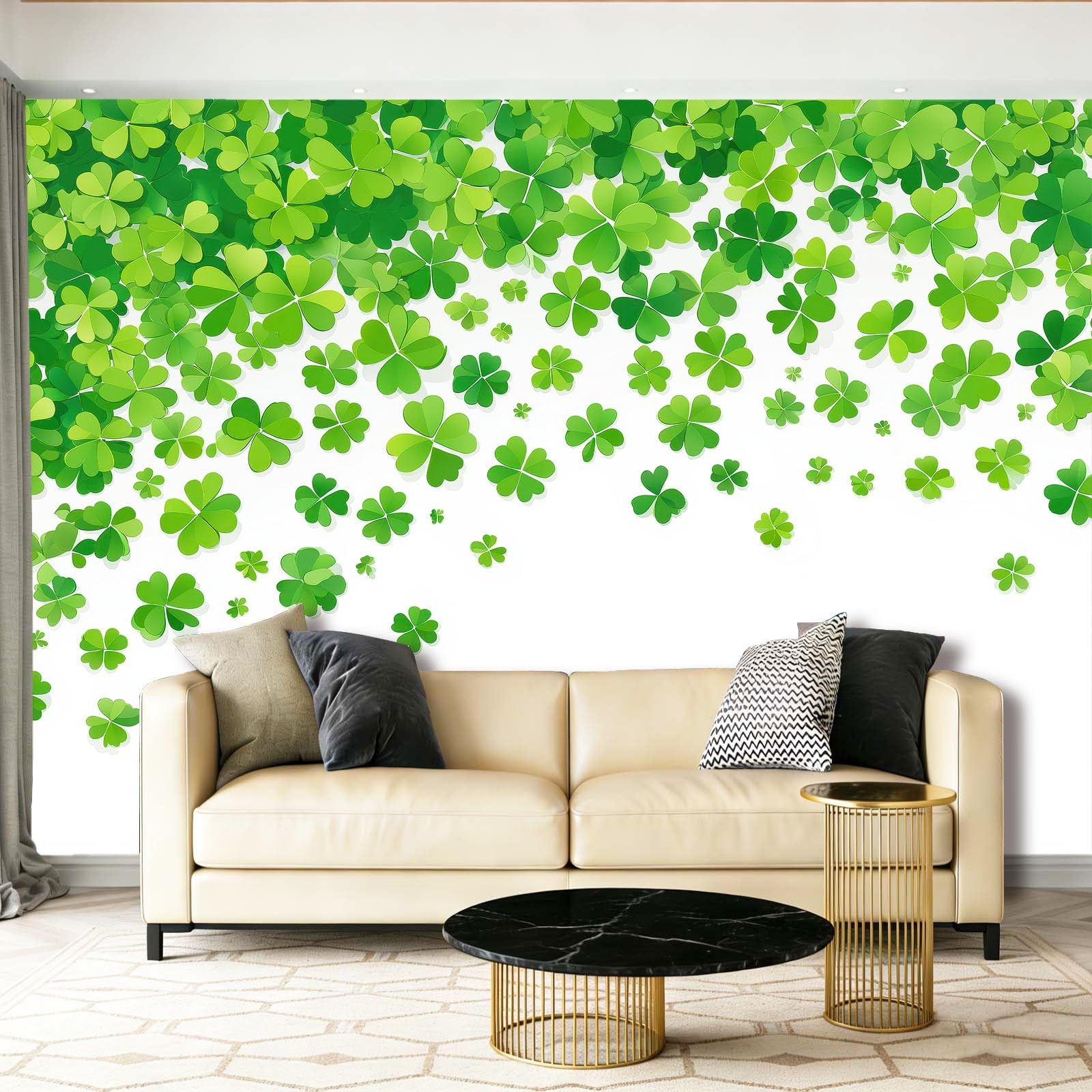Tapeta fototapeta 250 x 175 cm – zielono-biała fototapeta z włókniny, tapeta ścienna, odporna na promieniowanie UV, dekoracja ścienna, elegancka koniczynka, gradient kolorów, bordiura, tapeta do