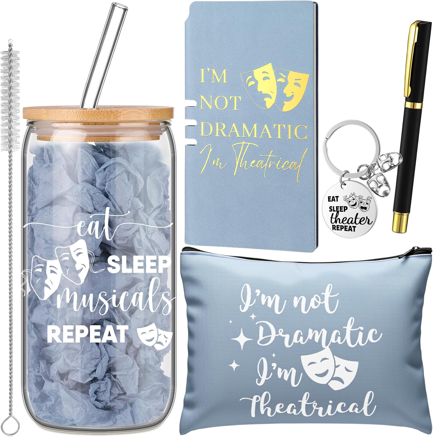 CHENGU 5 Pcs Theatre Gift for Women Men Christmas Broadway Gifts Musical Theater Lover Gift for Theater Actor Teacher Include 16 oz Glass Cup Leather Notebook Ballpoint Pen Keychain Make Bag(Blue)