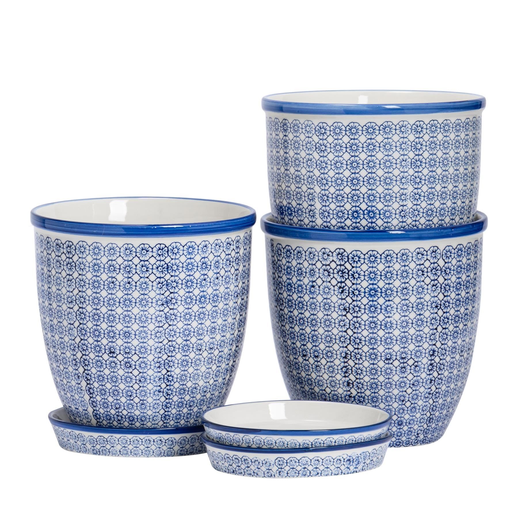 Nicola Spring Patterned Plant Pots with Saucers - Navy - 3 Pack - 20.5cm Porcelain Plant Pots Indoor Ceramic Planter with Drainage Holes and Tray Outdoor Garden Flower Planter