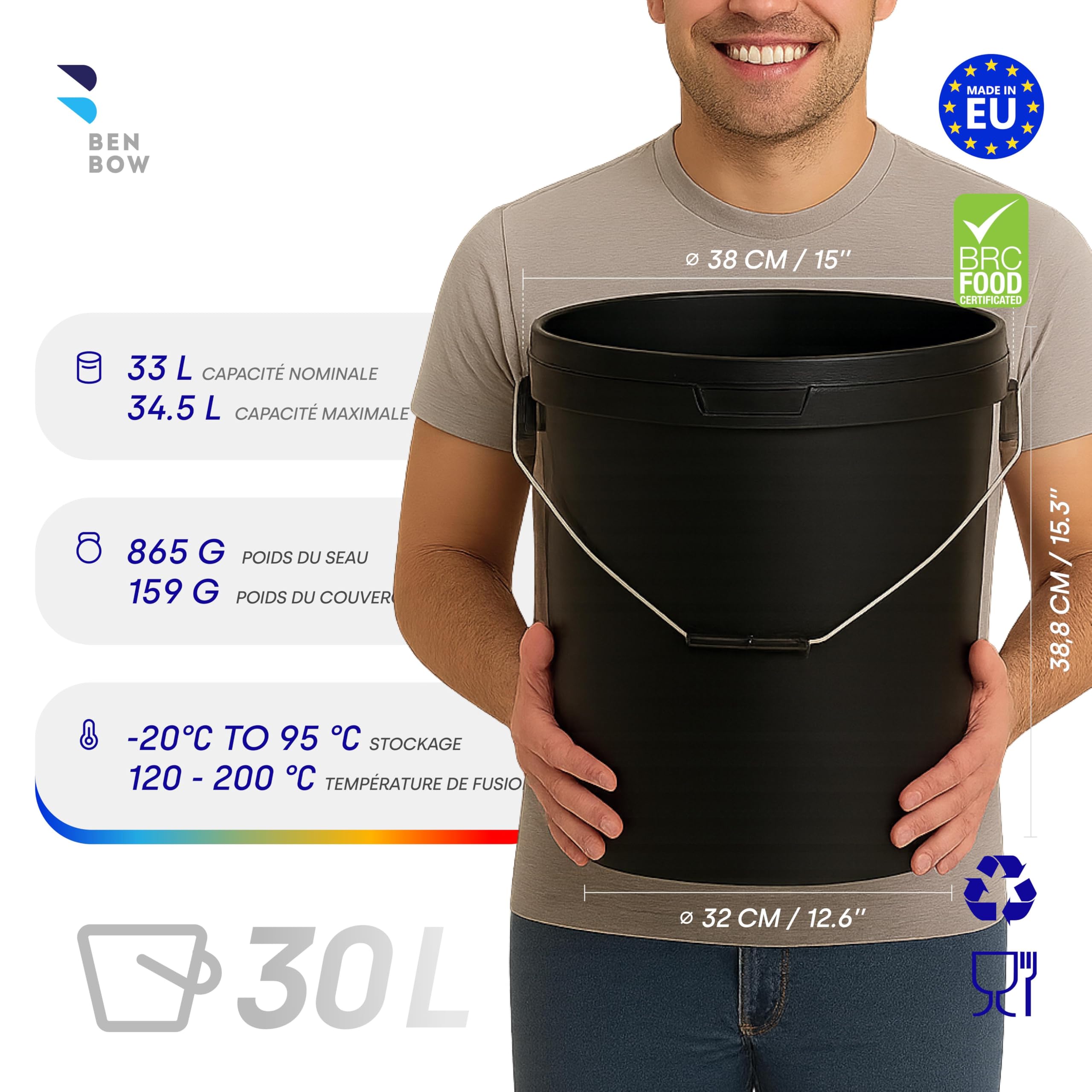 BenBow Seau avec Couvercle 30L Noir 3X 30 litres - apte aux Aliments, Robuste, hermétique, étanche, sans Odeur - conteneur en Plastique, avec poignées - Vide