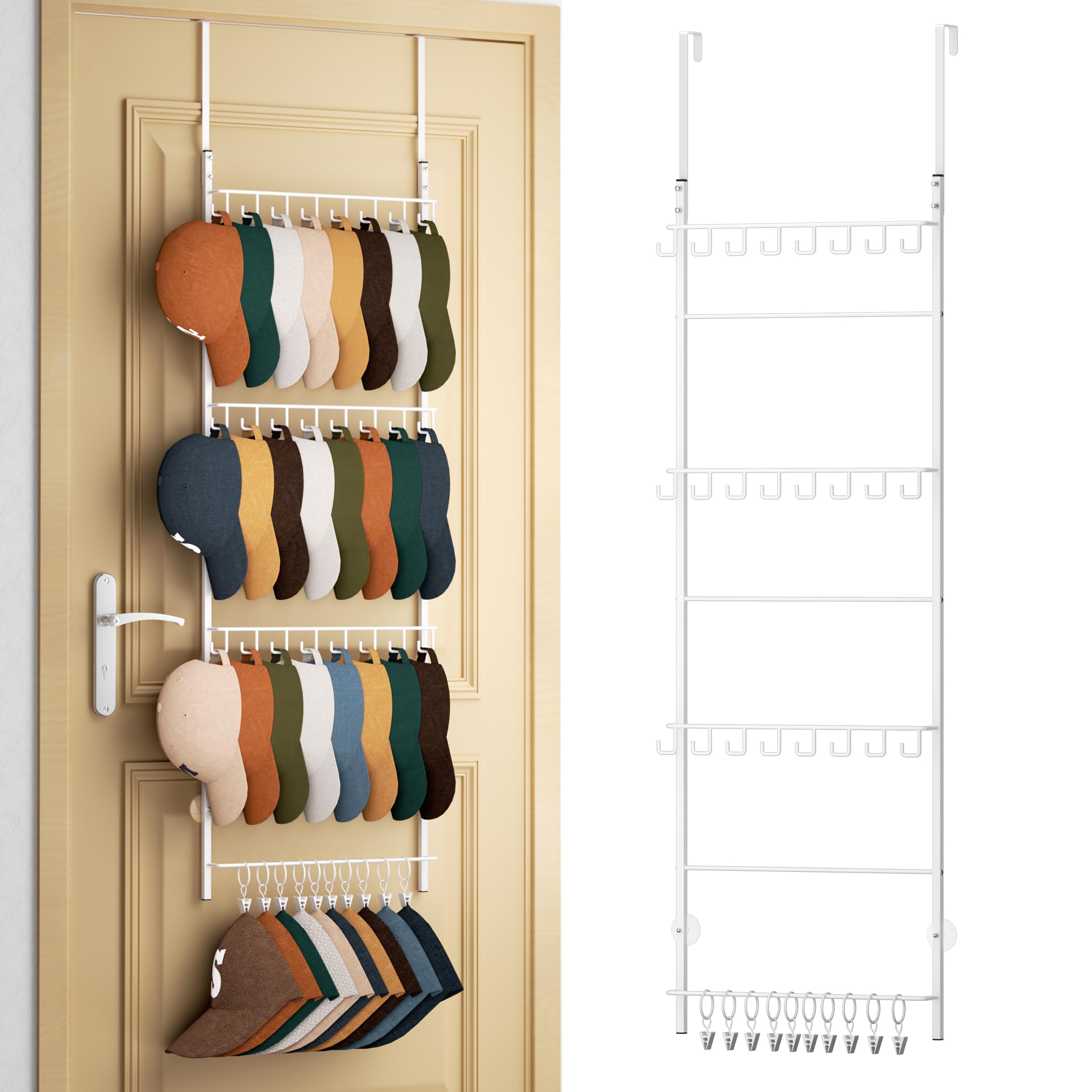 HapiRm Over Door Hat Rack - 4-Tier Wall Mounted Hat Holder with 16 Hooks and 10 Movable Clips, Cap Hanger Storage Hat Organiser up to 26 Caps for Door, Bedroom, Closet USPTO Patent Pending