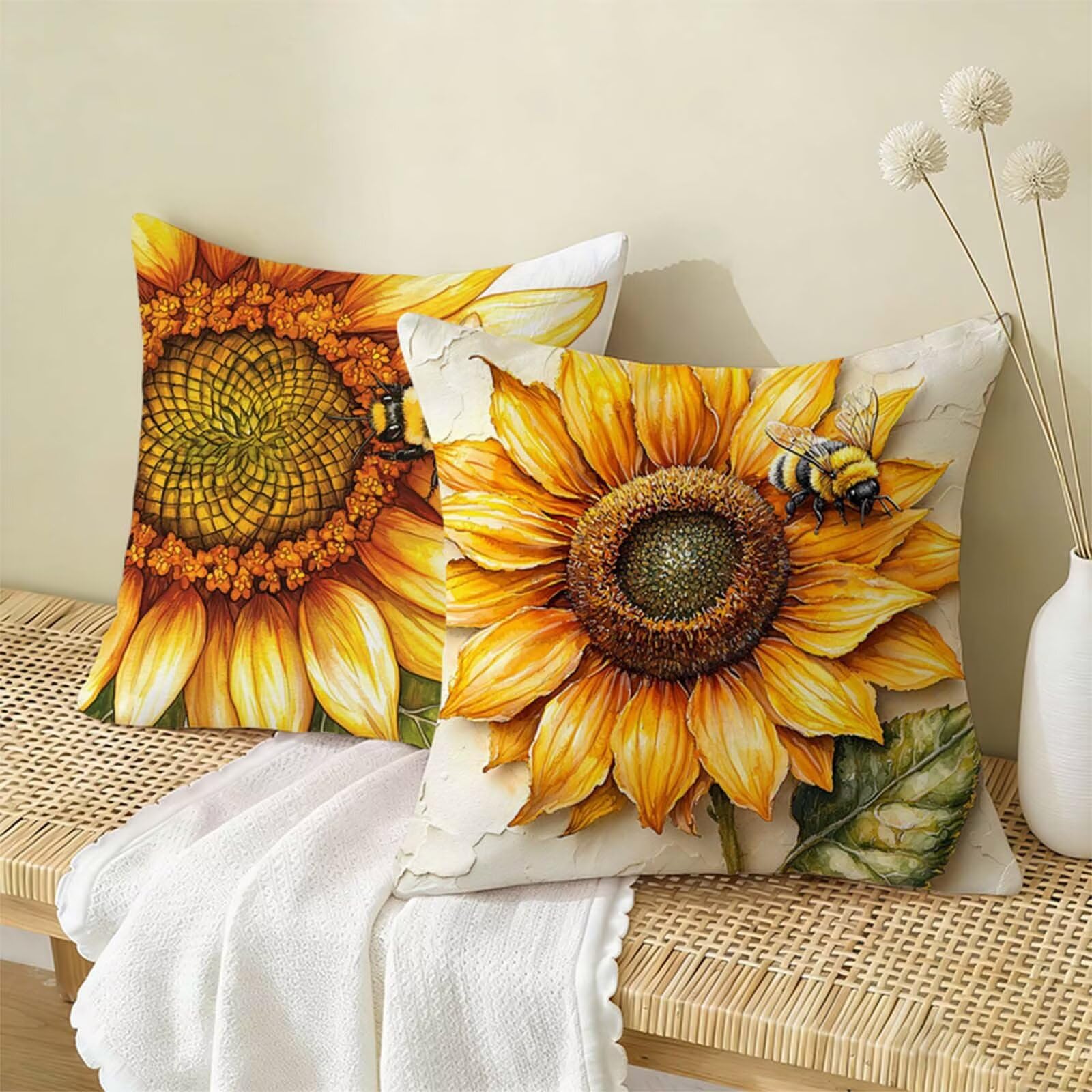 Copricuscino 80x80cm Giallo Set di 2,Girasole Federe Cuscini Divano Lino,Copricuscini Impermeabili,Federe Cuscino Morbido Traspiranti Adatto a Tutte le Stagioni per Soggiorno e Camera Letto Decor X-21