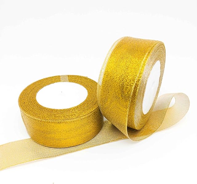 Złota wstążka z organzy, 40 mm, połyskująca, półprzezroczysta, 22 metry, dekoracyjna, taśma prezentowa, szeroka wstążka, wstążka materiałowa na wesele, chrzciny i prezenty urodzinowe (2