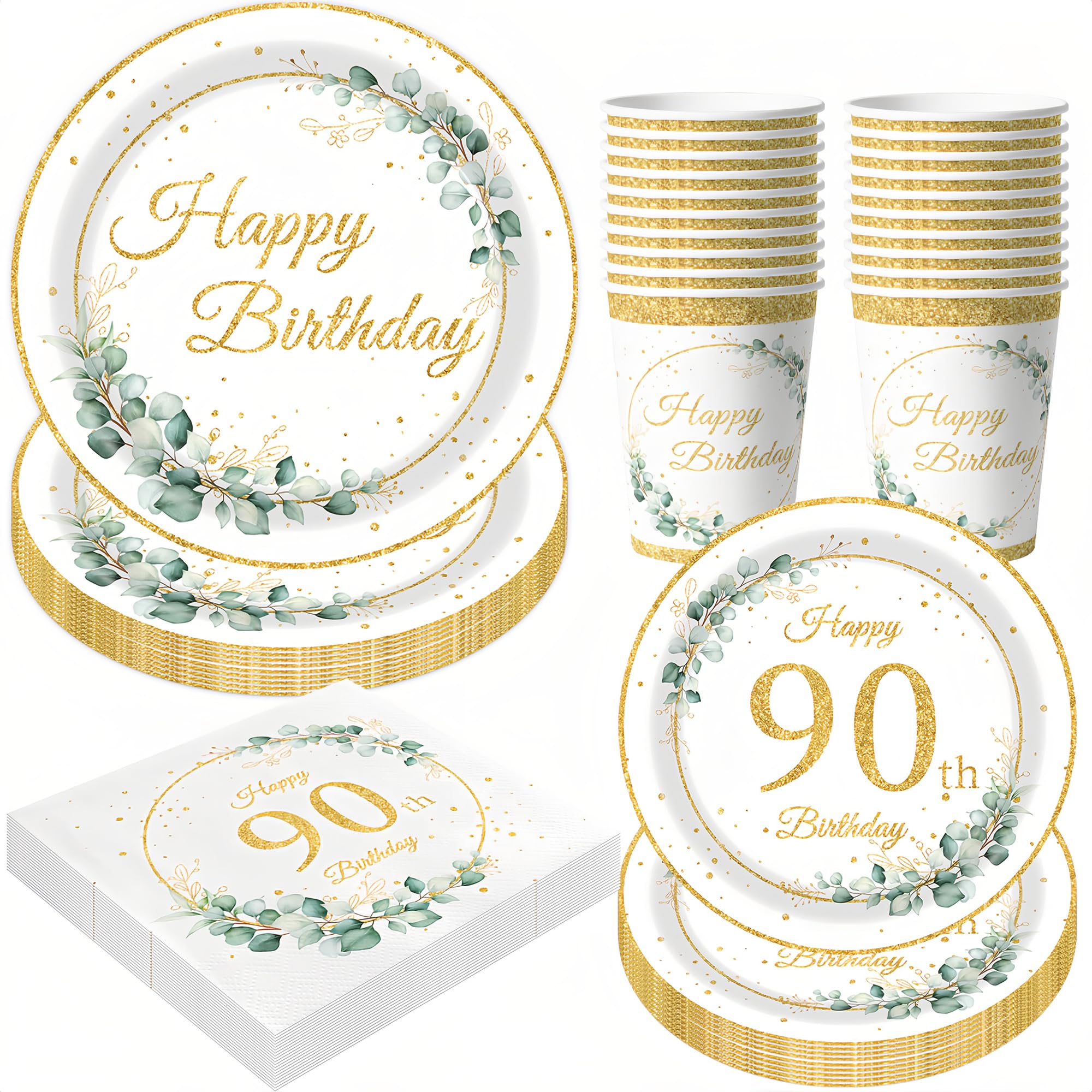 68Pcs 90th Birthday Tableware Eucalyptus Green 90th Birthday Cups Paper Plates (7+9in) Napkins 90th Birthday Dinnerware Table Decoration Set for Men Women Party Supplies (16Guests) (90th)