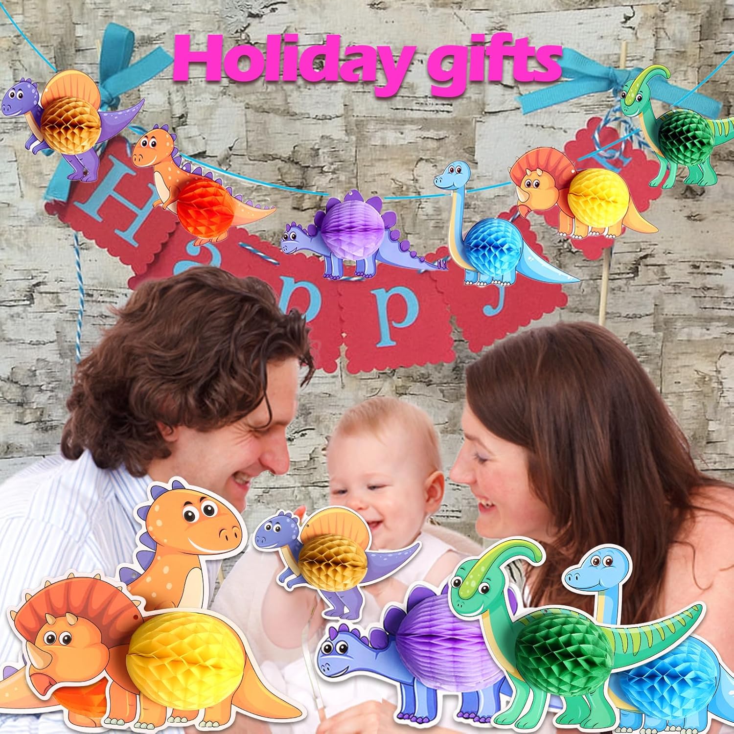 6 Pieces Dinosaur Birthday Decorations, Dino Honeycomb Balls with Hanging Swirls , Kids' Birthday Party Supplies Table Decor for 1, 2, 3, 4 Year Old Boy
